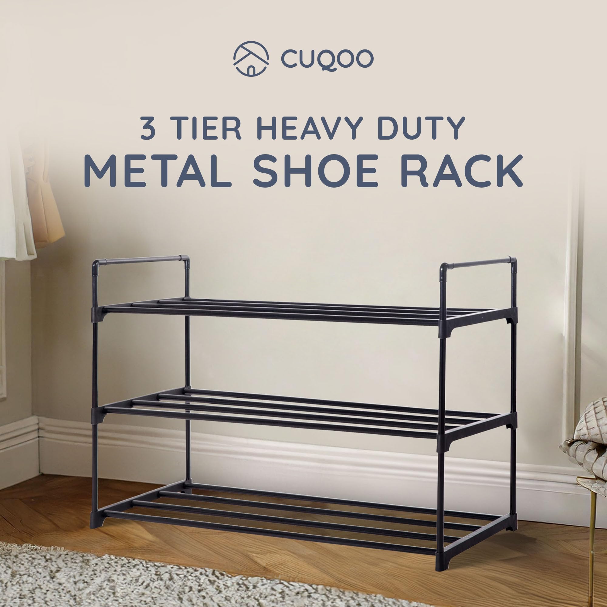 CUQOO Wysokiej jakości 3-poziomowy metalowy stojak na buty w kolorze czarnym – solidny metalowy stojak na buty do przechowywania butów, szybki montaż, nie wymaga narzędzi, organizer na buty z powłoką