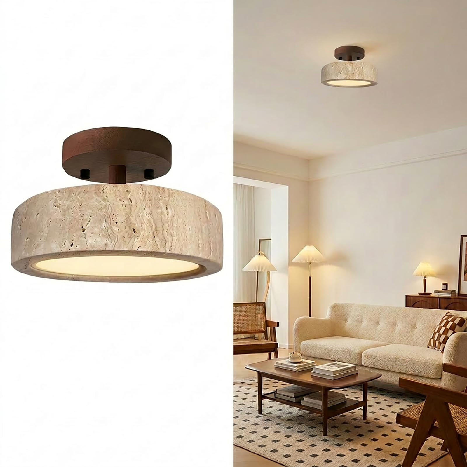 Japanese Light Fixture Semi Flush Mount Ceiling Light Natural Travertine Stone Shade Solid Wood Base Nordic Minimalist Ceiling Lamp for Hallway Entryway Kitchen Bedroom Living Room Lighting(A)