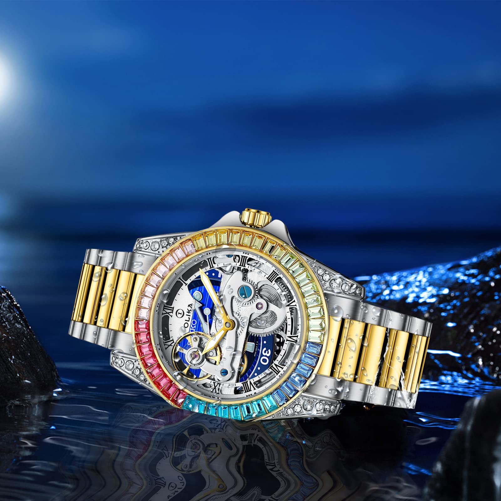 Reloj para mujer, reloj mecánico de cuerda automática, reloj esqueleto de acero inoxidable, reloj luminoso resistente al agua, reloj elegante de negocios (Rainbow Machinery), Una maquinaria de 3