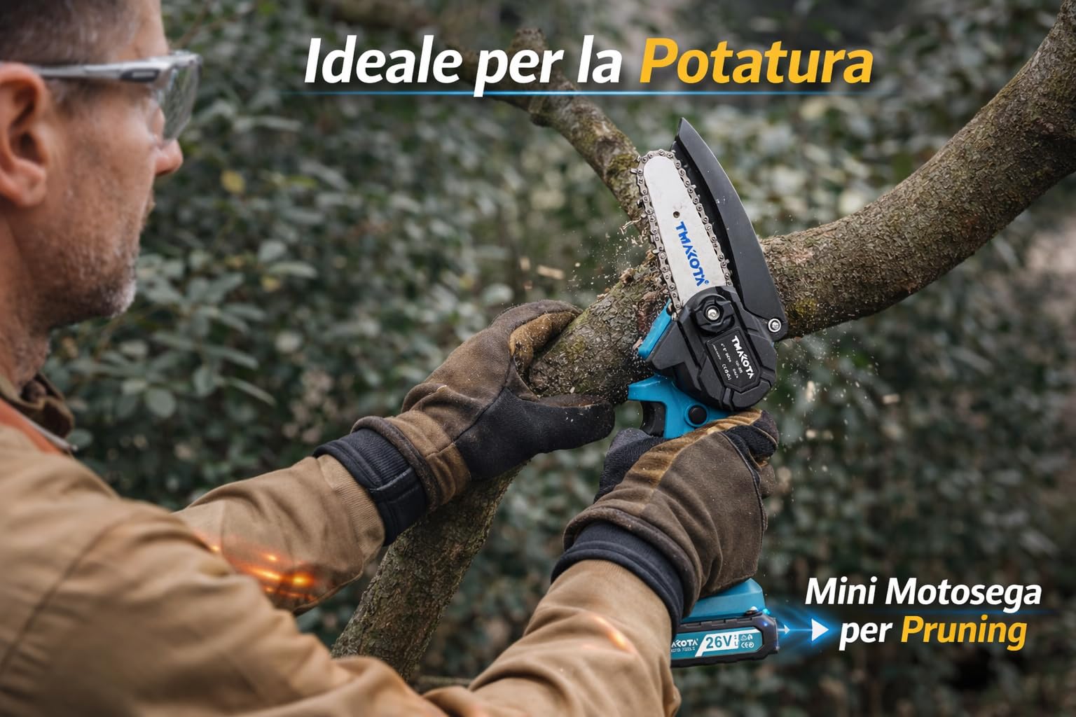 Mini Motosega a Batteria 4 Pollici per Potatura, Motosega Elettrica Portatile con 2 Batterie 26V 2.0Ah, Sega a Catena Compatta per Taglio Rami, Giardino e Alberi, Leggera e Facile da Usare