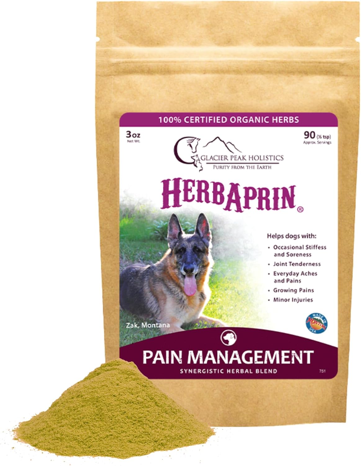Glacier Peak Holistics HerbAprin - Natural Pain Relief for Dogs, Organic Herb Blend for Arthritis, Aches, Pains, Inflammation, Mobility Support, and Hip & Joint Discomfort - 3oz (90 Servings)