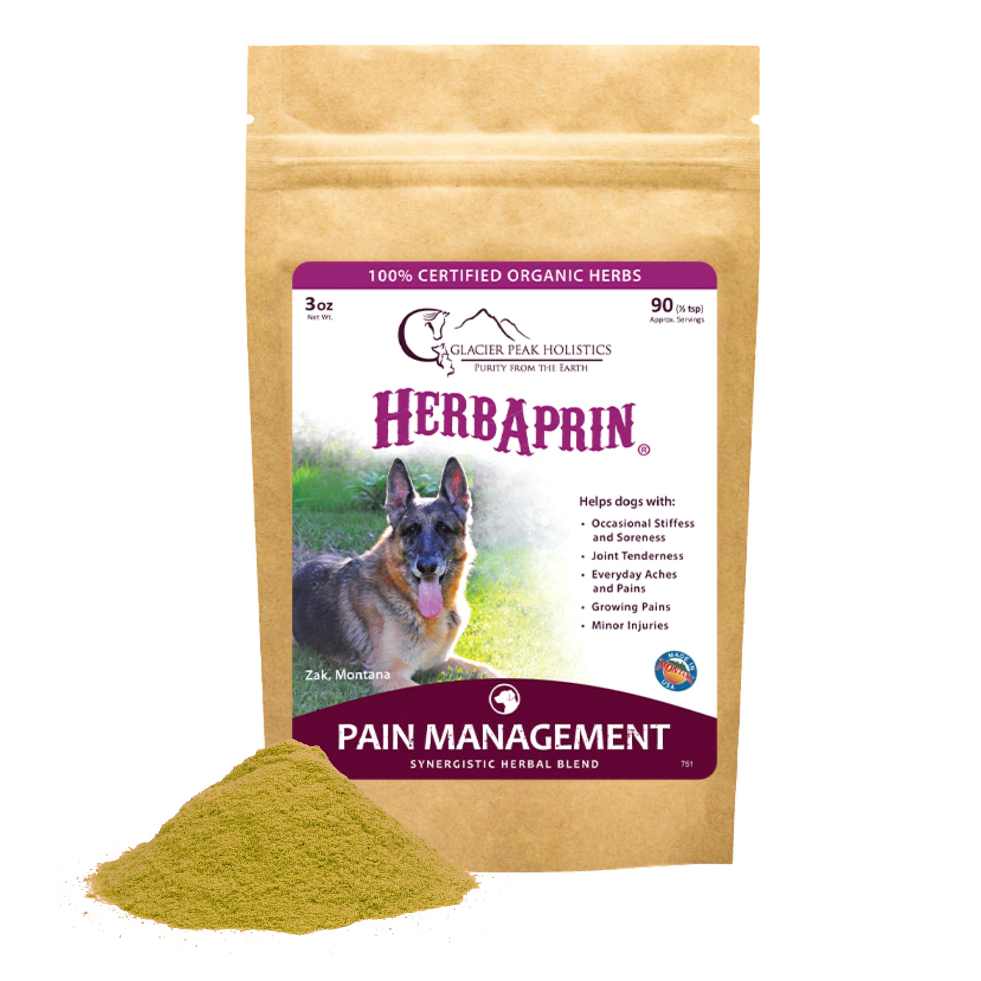 Glacier Peak Holistics HerbAprin - Natural Pain Relief for Dogs, Organic Herb Blend for Arthritis, Aches, Pains, Inflammation, Mobility Support, and Hip & Joint Discomfort - 3oz (90 Servings)