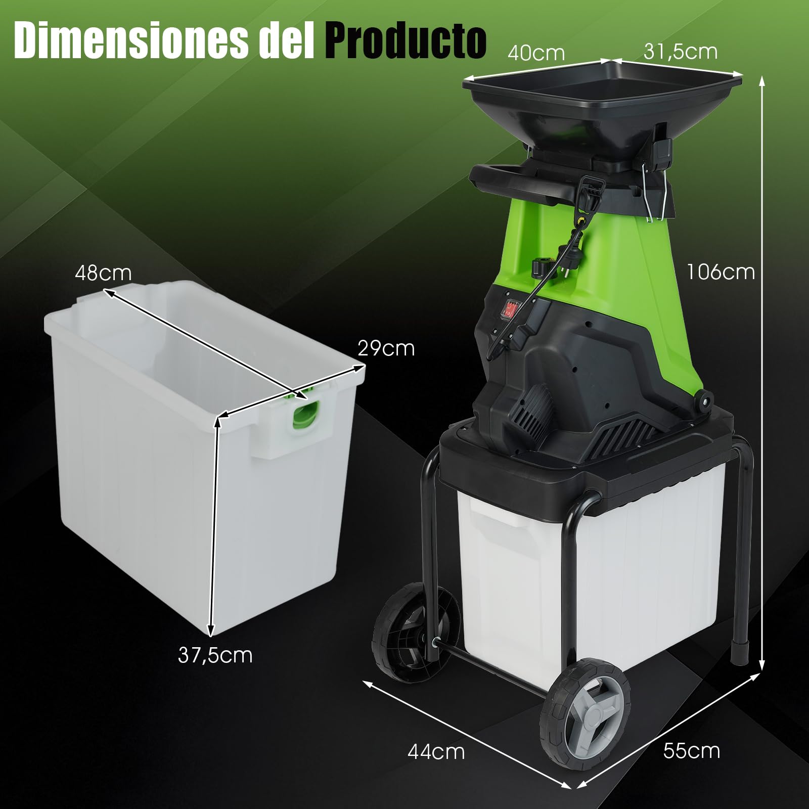 COSTWAY Trituradora de Ramas 3000W, Caja 50L, Hasta 45mm, Biotrituradora con Ruedas, Biotrituradora Electrica Jardin Terraza(verde)