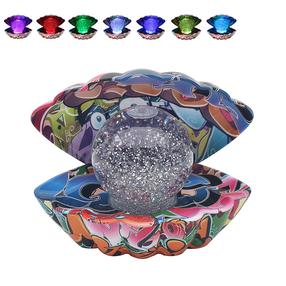 LED Seashell Colour Changing Glitter Mood Lamp Battery Operated/USB Powered Portable Night Light Desktop Decorative Ornament Home Decor for Bedroom Living Room, Graffiti Design