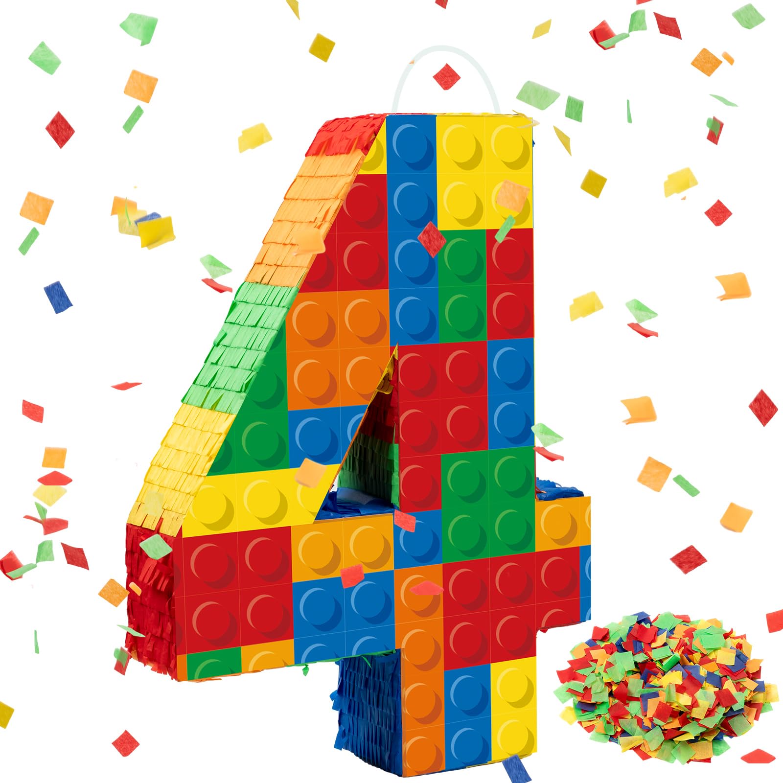 RoundFunny Number 4 Building Blocks Pinata 16.5 Inch Pinata Block Party Supplies 4th Birthday Party Decorations Pinata with Confetti Blocks Theme Fiesta Anniversary Celebration