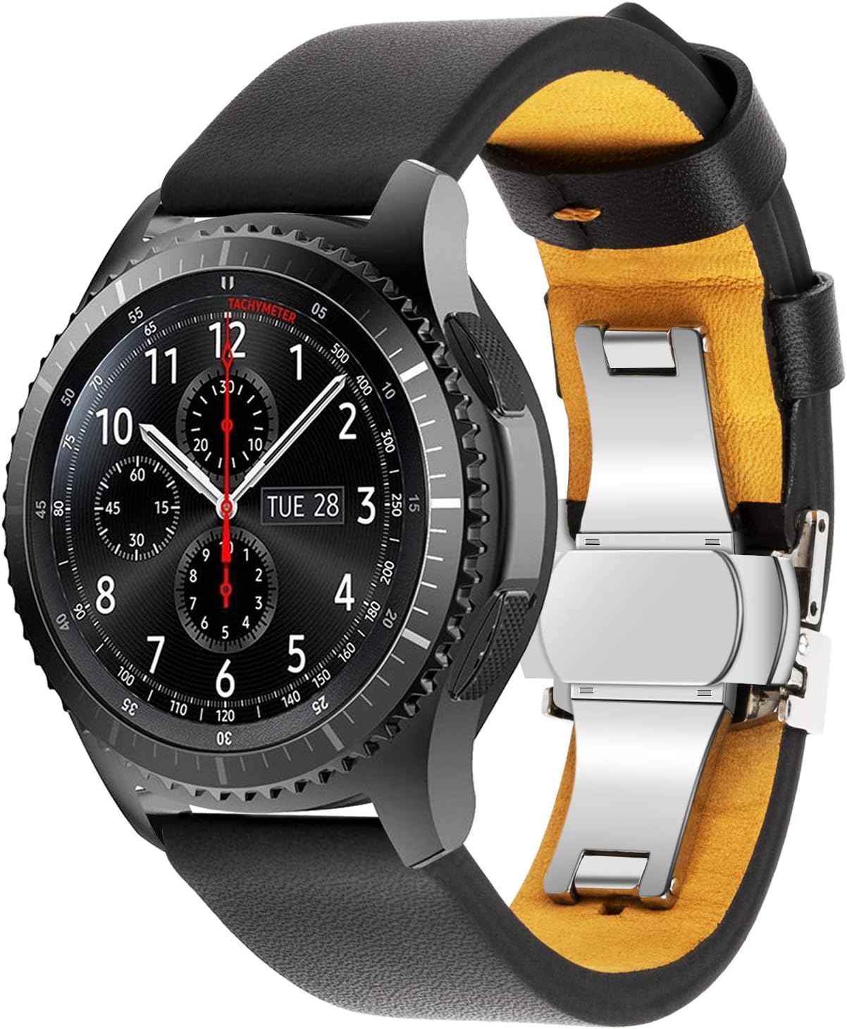 Compatible Samsung Galaxy Watch 46mm Bands & Gear S3 Frontier Bands，22mm Butterfly Buckle Premium Genuine Leather Replacement Strap Wrist Band for Samsung Galaxy Smartwatch 46mm Black