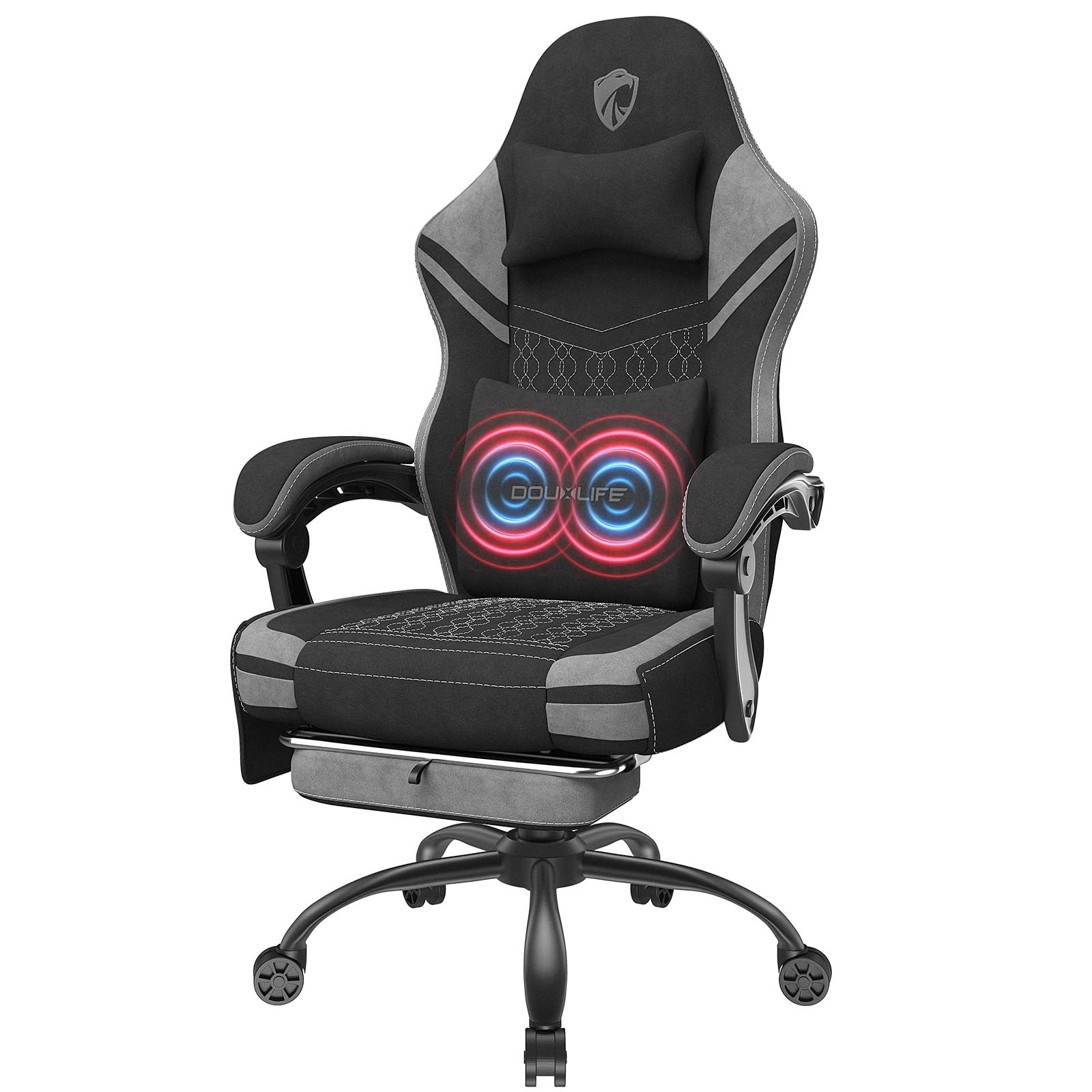 Douxlife Silla Gaming Ergonómica, Oficina Sillon in Tela High-Tech con cojín de muelles ensacados, con Cojín Lumbar de Masaje, Pies de metalpara y Bolsa de Almacenamiento Juvenil, Adulto, 158kg, Gris