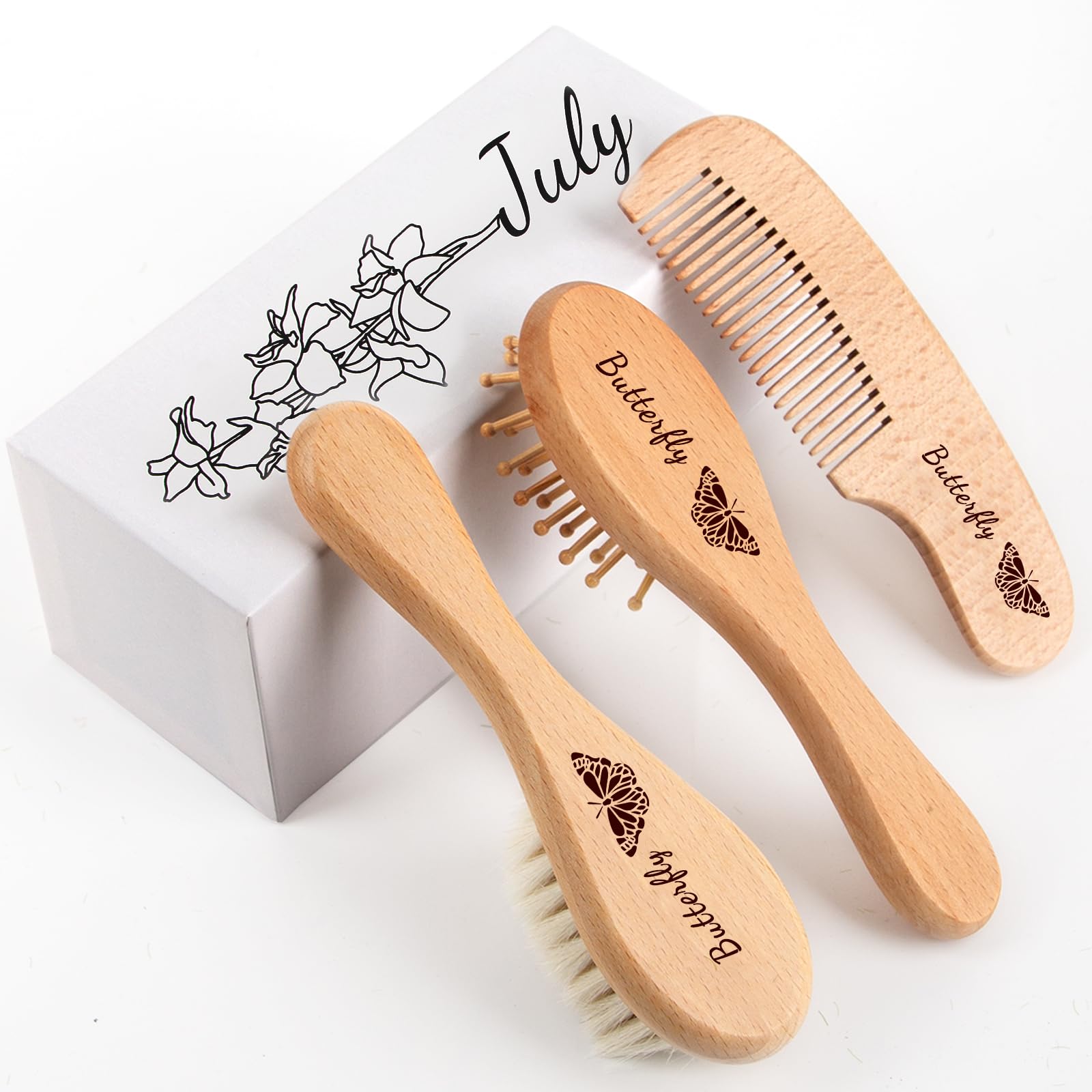 Personalized Baby Hair Brush & Comb Set with Soft Goat Bristles,Custom Laser Engraved Name,Newborn Grooming Kit with Birth Flower Gift Box (July)