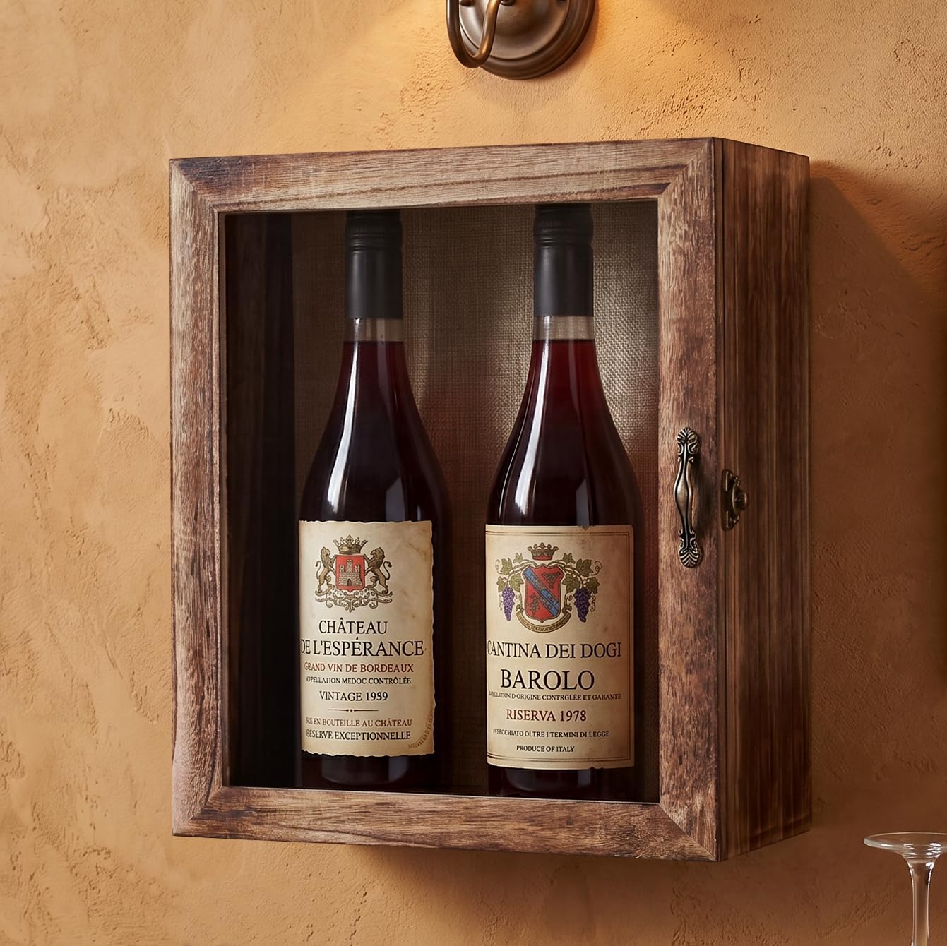 Shadow Box Frame 11x13 Display Case, 4.7 Inch Deep, Rustic Burnt Wood Memory Box with Real Glass Door, Linen Back, Vintage Latch, Wall Mounted or Tabletop, 10 Pins for Photos and Memorabilia