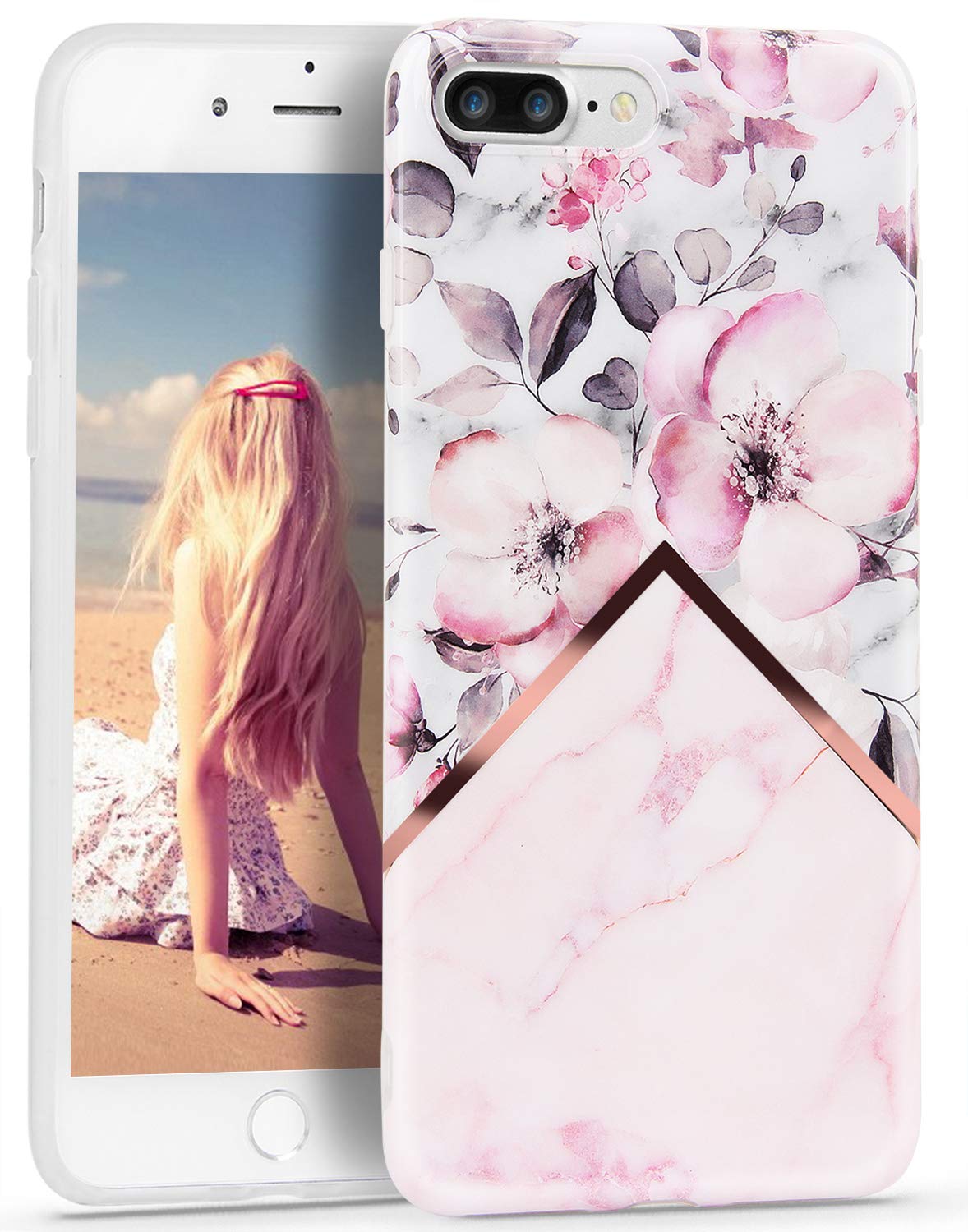 Imikoko iPhone 7 Plus Case iPhone 8 Plus Marble Glitter Floral Rose Gold Design for Girl Women Case with Anti-Scratch Soft TPU Case for iPhone 7+/8+ 5.5 Inch- Pink Roses