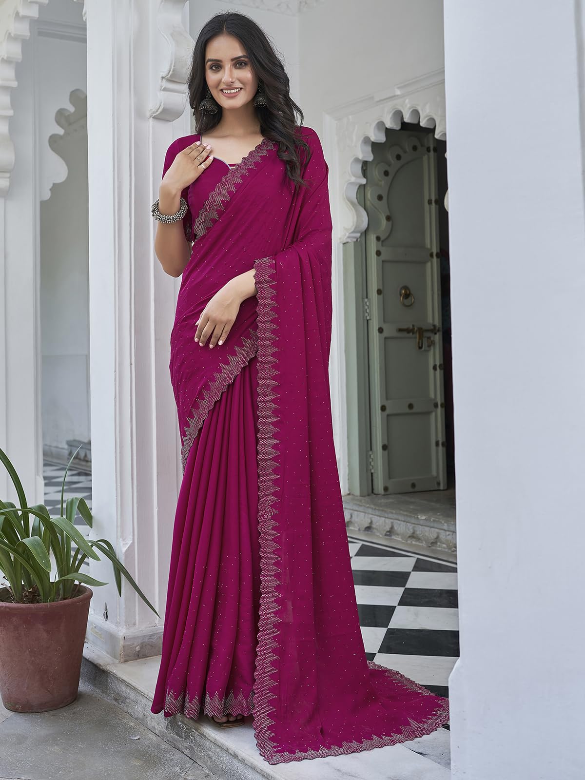 Satrani Women's Satin Hot Fixing Border Embellished Saree With Unstitched Blouse Piece (3762S381N_Dark Magenta)