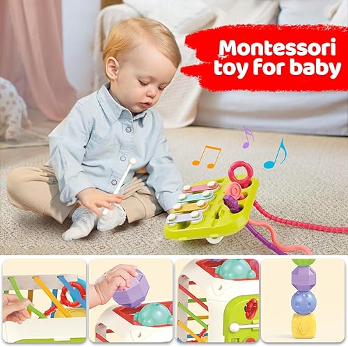 Miniatura 5 de Juguetes Montessori 5 en 1 para bebés, juguetes sensoriales para niños pequeños, juguete de cuerda de tracción de viaje, clasificador de formas y
