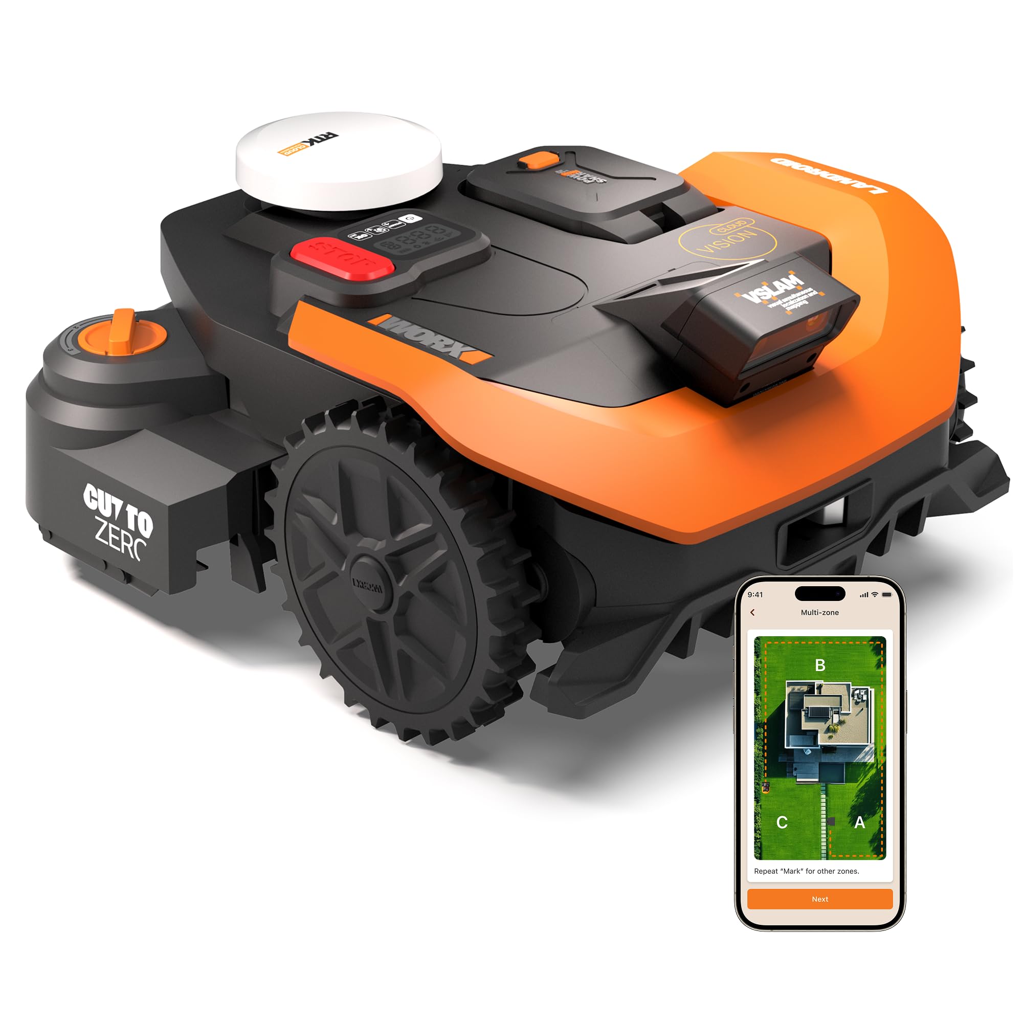 WORX Landroid Vision Cloud WR318E - Robot tosaerba 2WD senza cavo perimetrale per 1800 m² con modulo Cut to Zero (AI Obstacle Detection, VSLAM+ RTK Cloud Navigation, Auto Mapping, App Control)