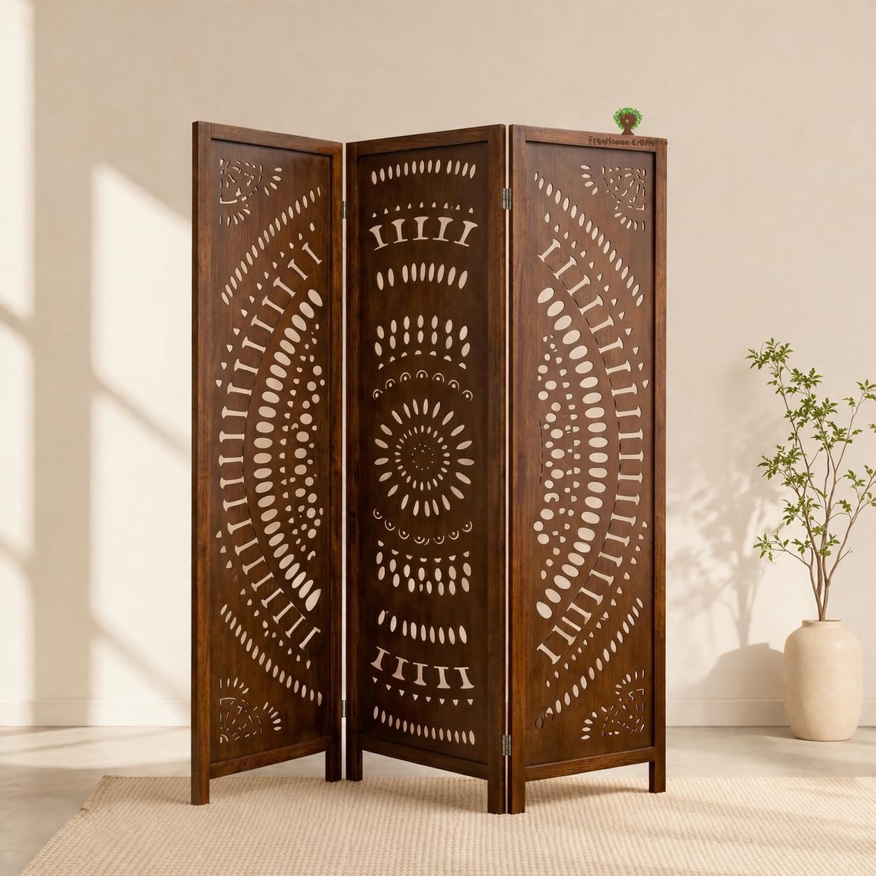 3 Panel Foldable Wooden Room Divider Partition | Decorative Jali Design Privacy Screen | Solid Wood Folding Panel for Living Room, Bedroom, Office | Freestanding Home Decor Separator