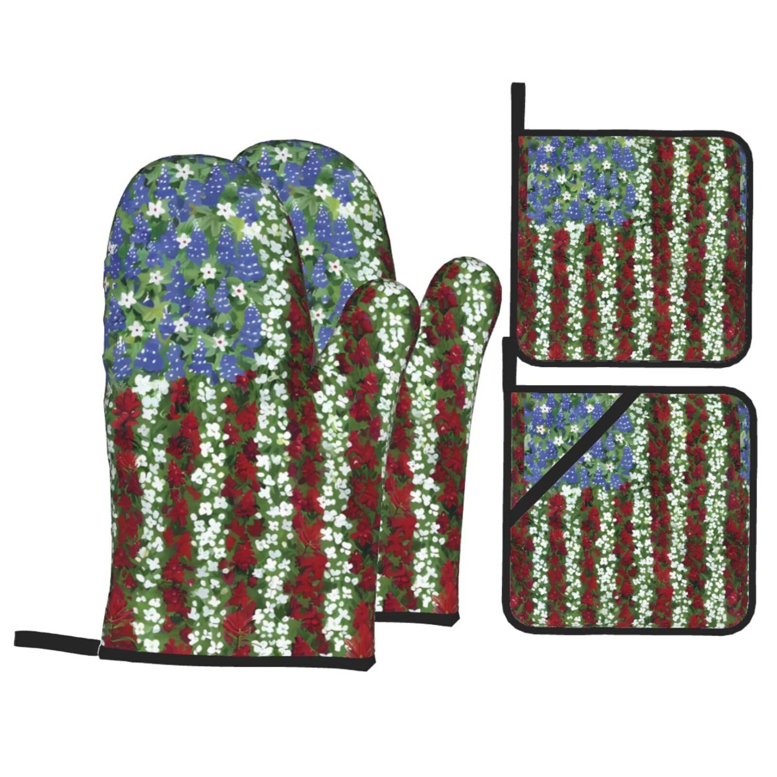 HJFCZH America Patriotic Flower Prints Kitchen Throw Set: Durable Oven Layers with Waterproof Polyester – 4 Piece Heat Protection System