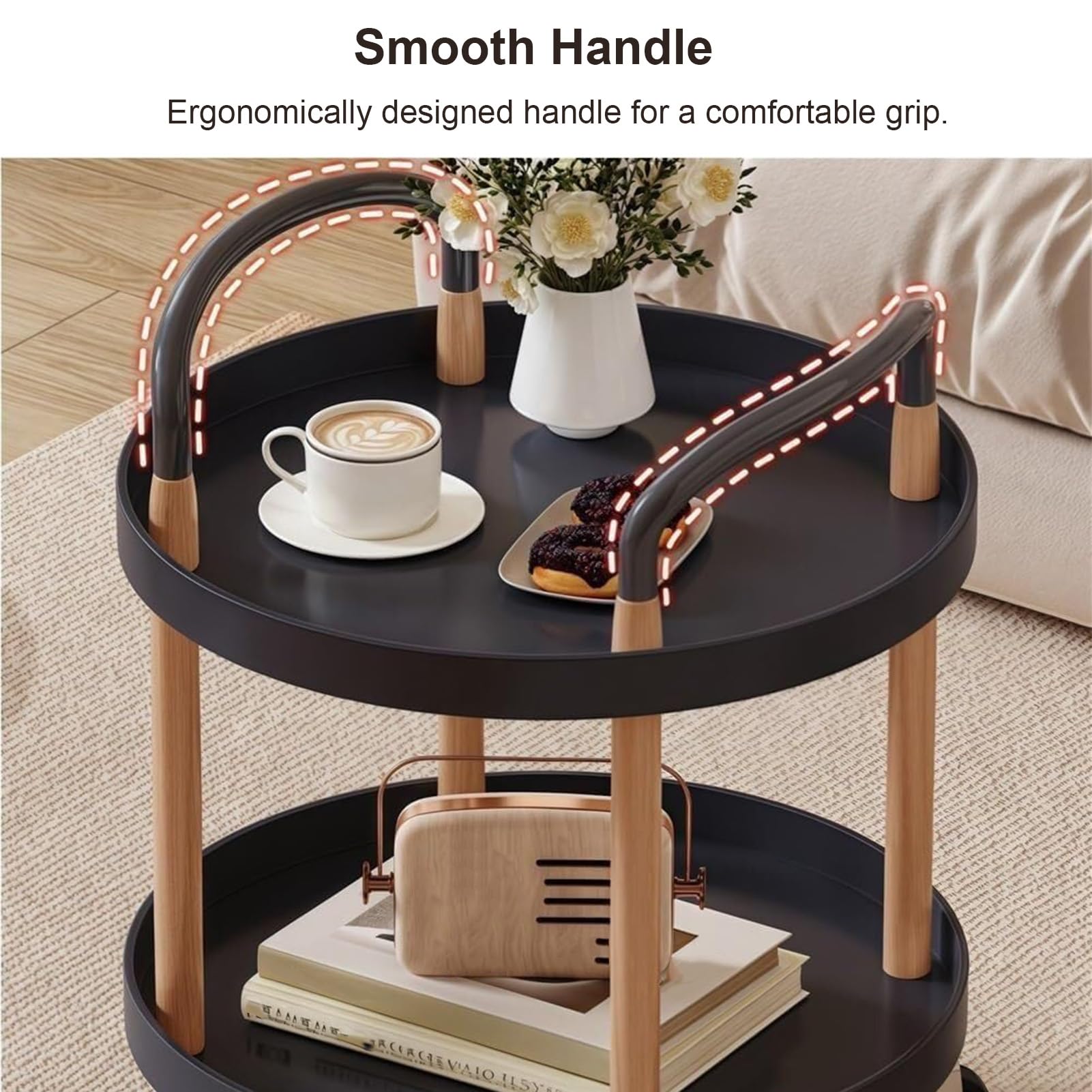 Moderna mesa auxiliar rodante de 2 niveles redonda con ruedas, mesita de noche portátil para sofá, cama, sala de estar, cocina, comedor, color negro