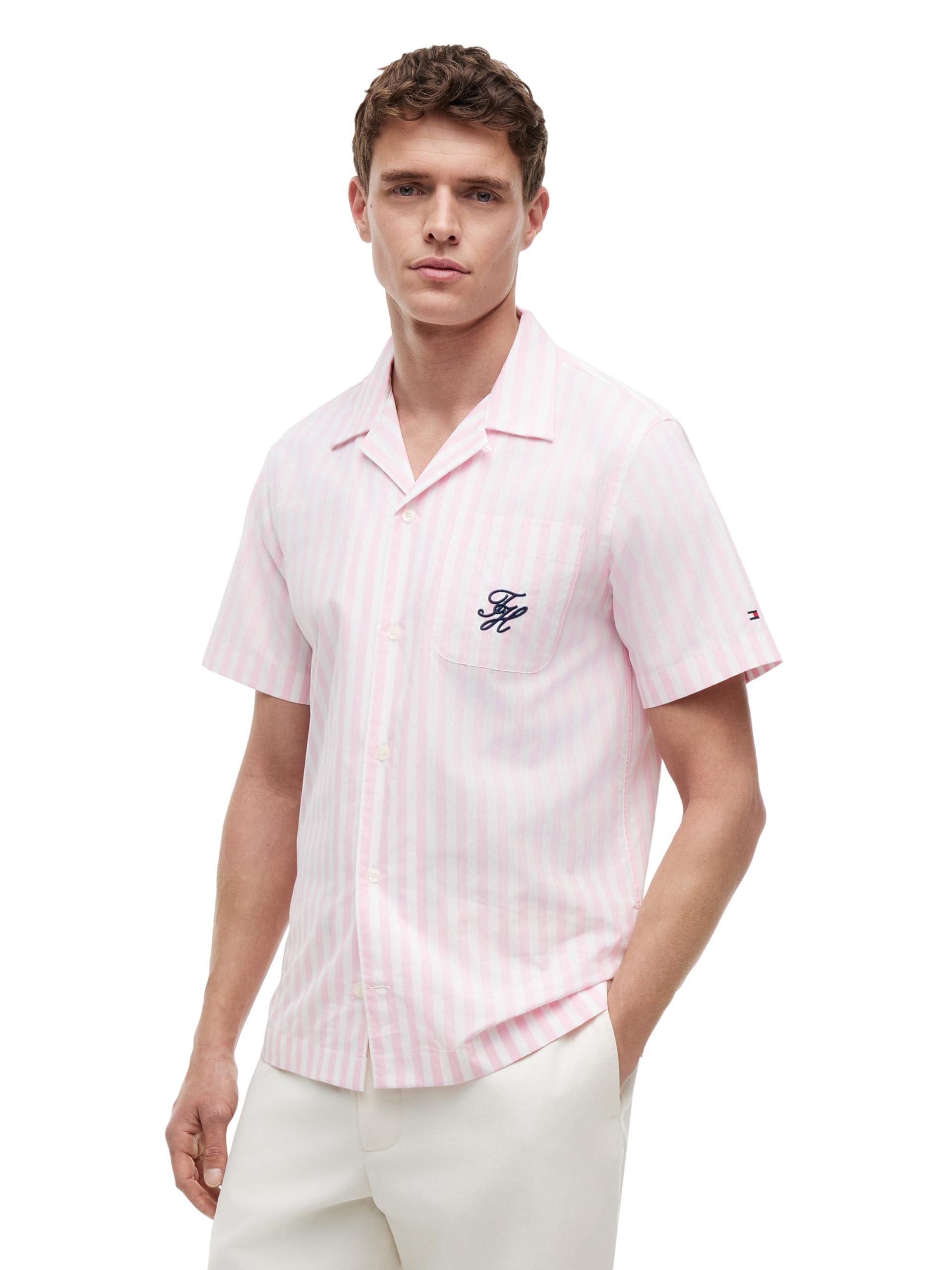 Tommy Hilfiger Men's Short Sleeve Lightweight Button Down Shirts in Regular Fit, Men's Casual Button Down Summer Shirts Medium Classic Pink / Stripe