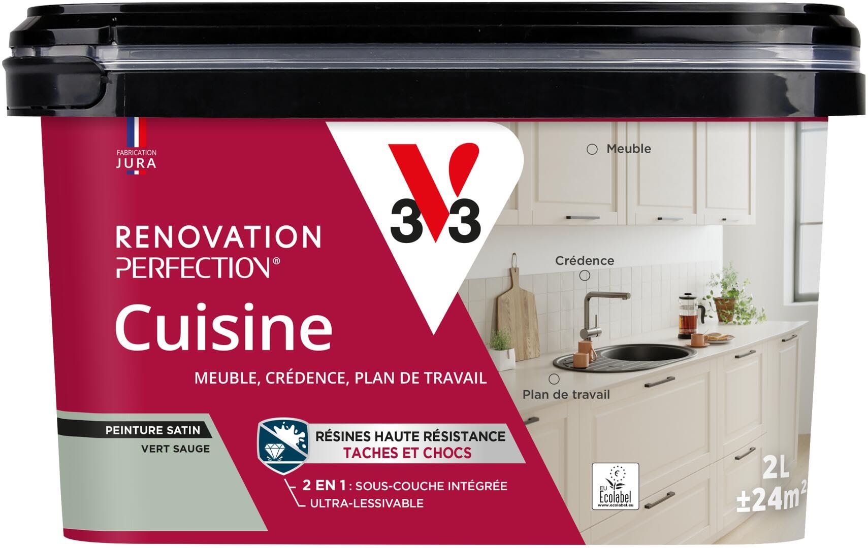 V33 Peinture Cuisine - Rénovation Perfection® - Haute Résistance taches et Chocs - Ultra-Lessivable - Meuble - Crédence - Plan de travail - Vert Sauge satin - 2L