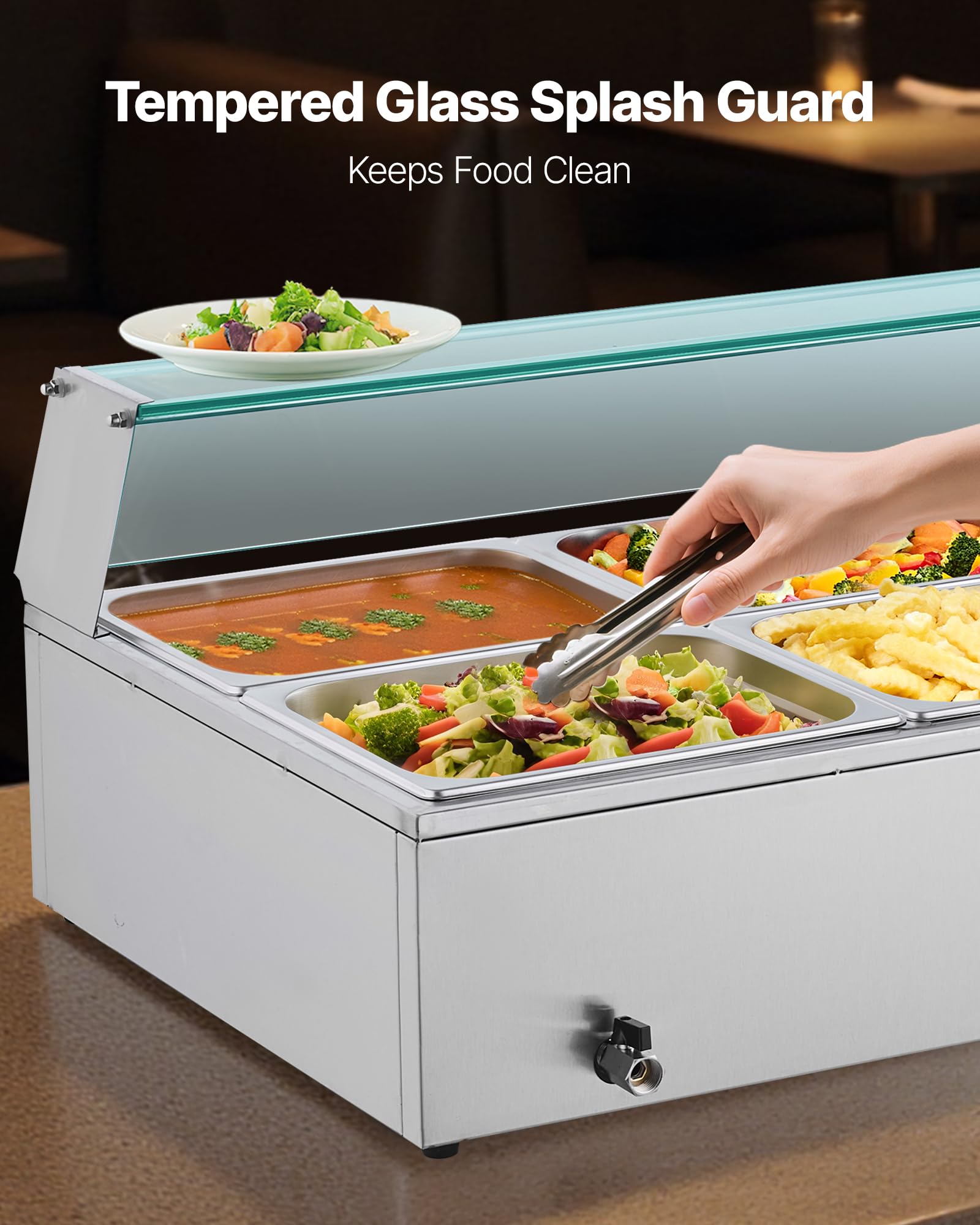 VEVOR Scaldavivande Commerciale, Scaldavivande Elettrico in Acciaio Inox da 1500 W con Coperchio in Vetro, Bagnomaria da Banco a 6 Teglie di 1/2, con Riscaldamento Rapido e Mestoli Forati