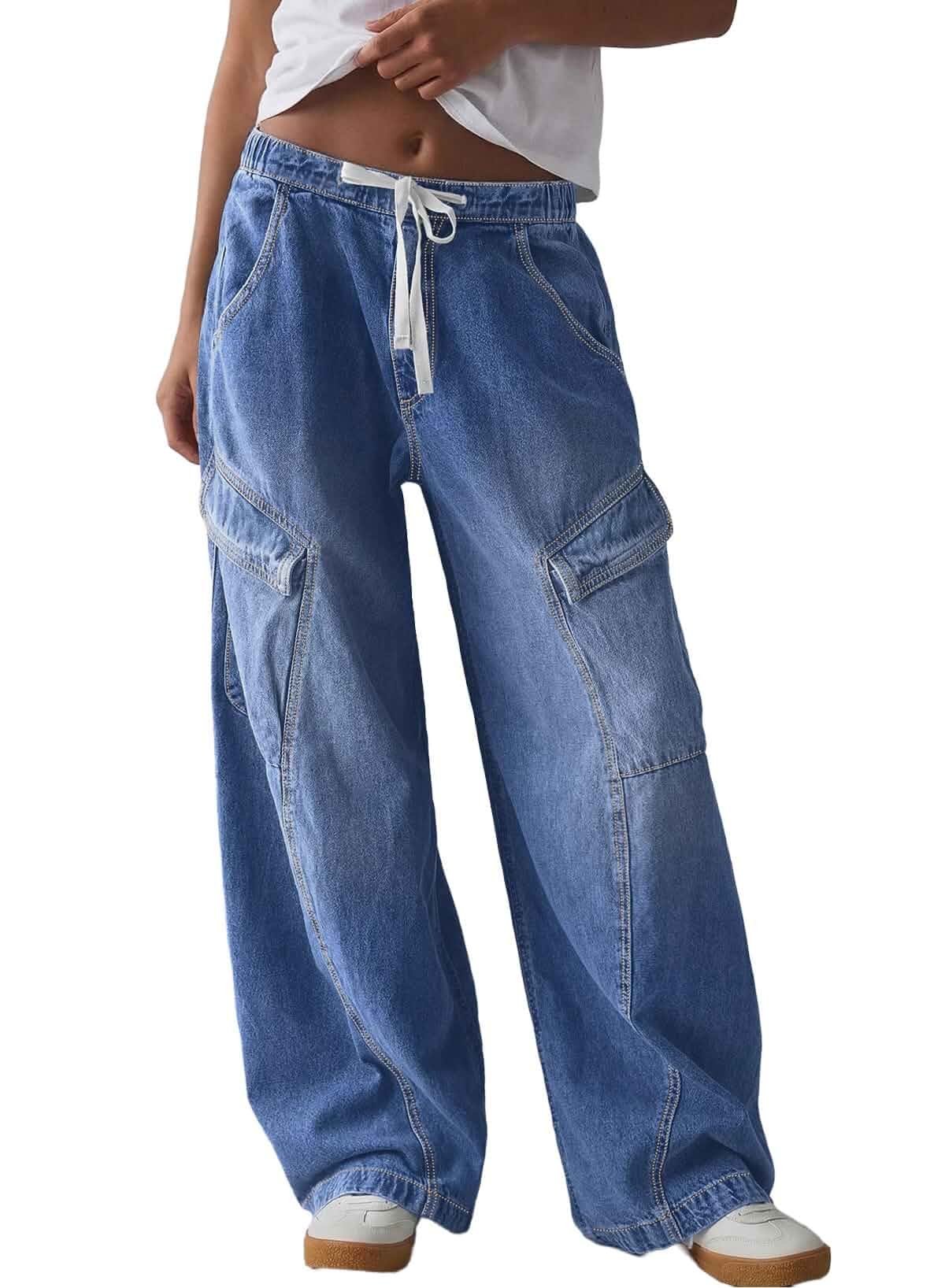 Sidefeel Womens Mid-Low Rise Y2K Boyfriend Baggy Jeans Elastic Drawtring Waistband, Comfy Stretch Denim Pants, Full Length, Wide Leg Cargo Style with 6 Pockets, Casual Street Wear