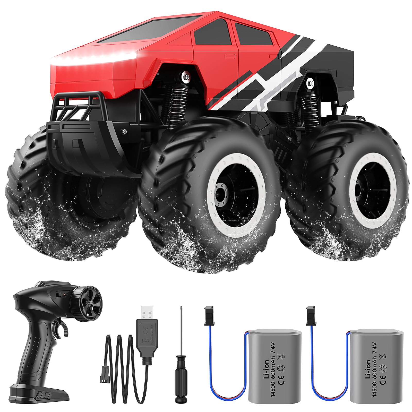 WayEee RC Car Kids Toys for Ages 6+, Remote Control Car Waterproof Monster Truck, Amphibious 4WD All Terrain Off-Road Pickup, 1:16 Scale, 2.4GHZ Vehicles, Boys Christmas Kids Birthday Gift/Red