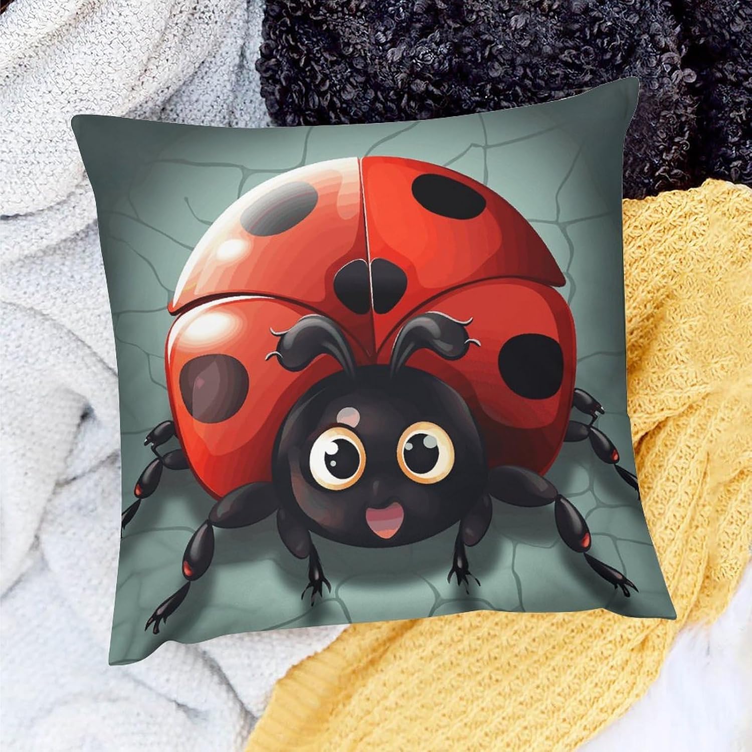 Cartoon Ladybug Throw Pillow Covers Fade-Resistant Square Pillowcase Removable Cooling Pillow Case Soft Pillow Shams Plush Cushion Cover Breathable Pillow Protector 18"x18"