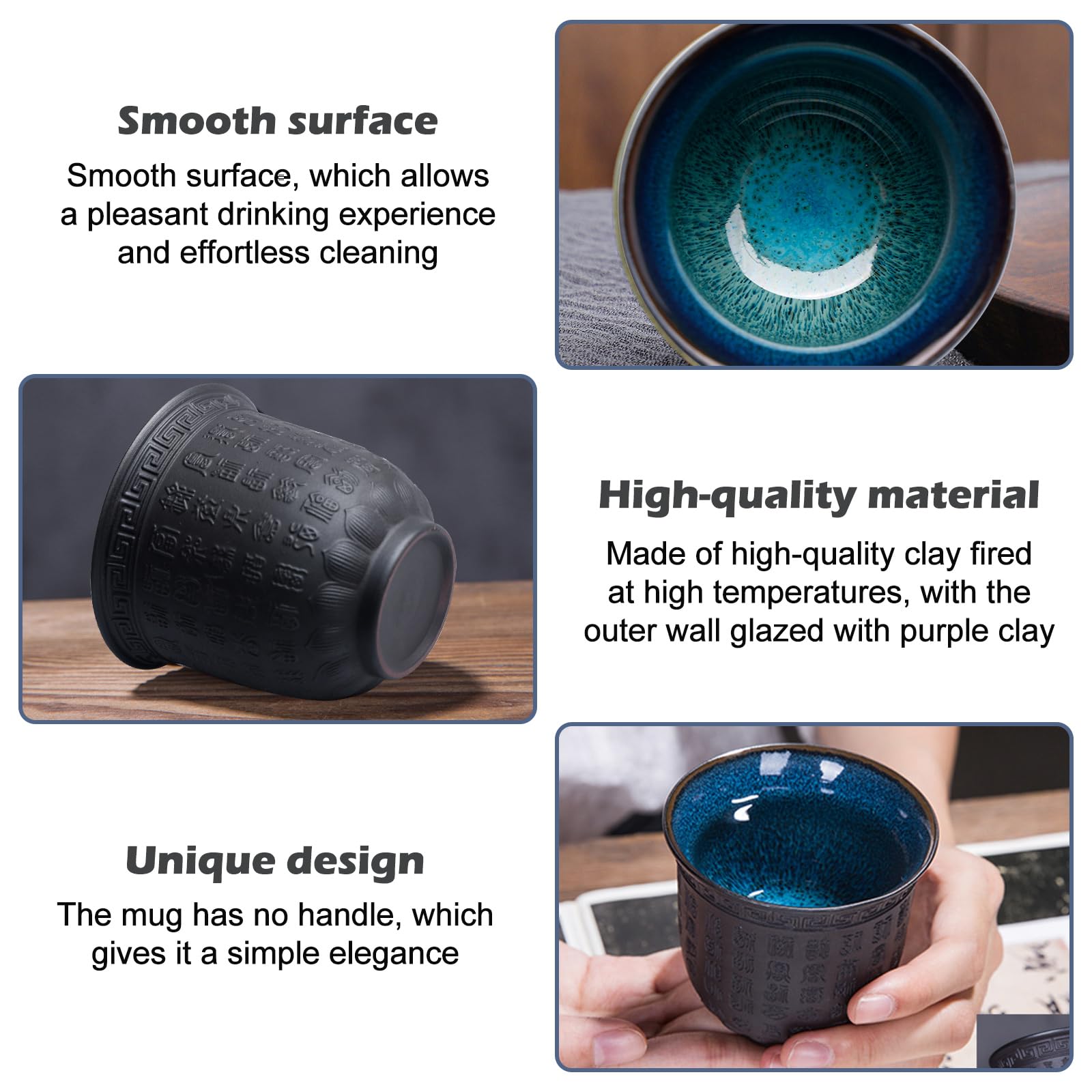 4 tazze da tè giapponesi, 165 ml, tazze da tè asiatiche, cuore buddista Sutra, in ceramica, con motivo a forma di cuore, viola, per tè, sake, espresso, caffè, tazza da tè in rilievo