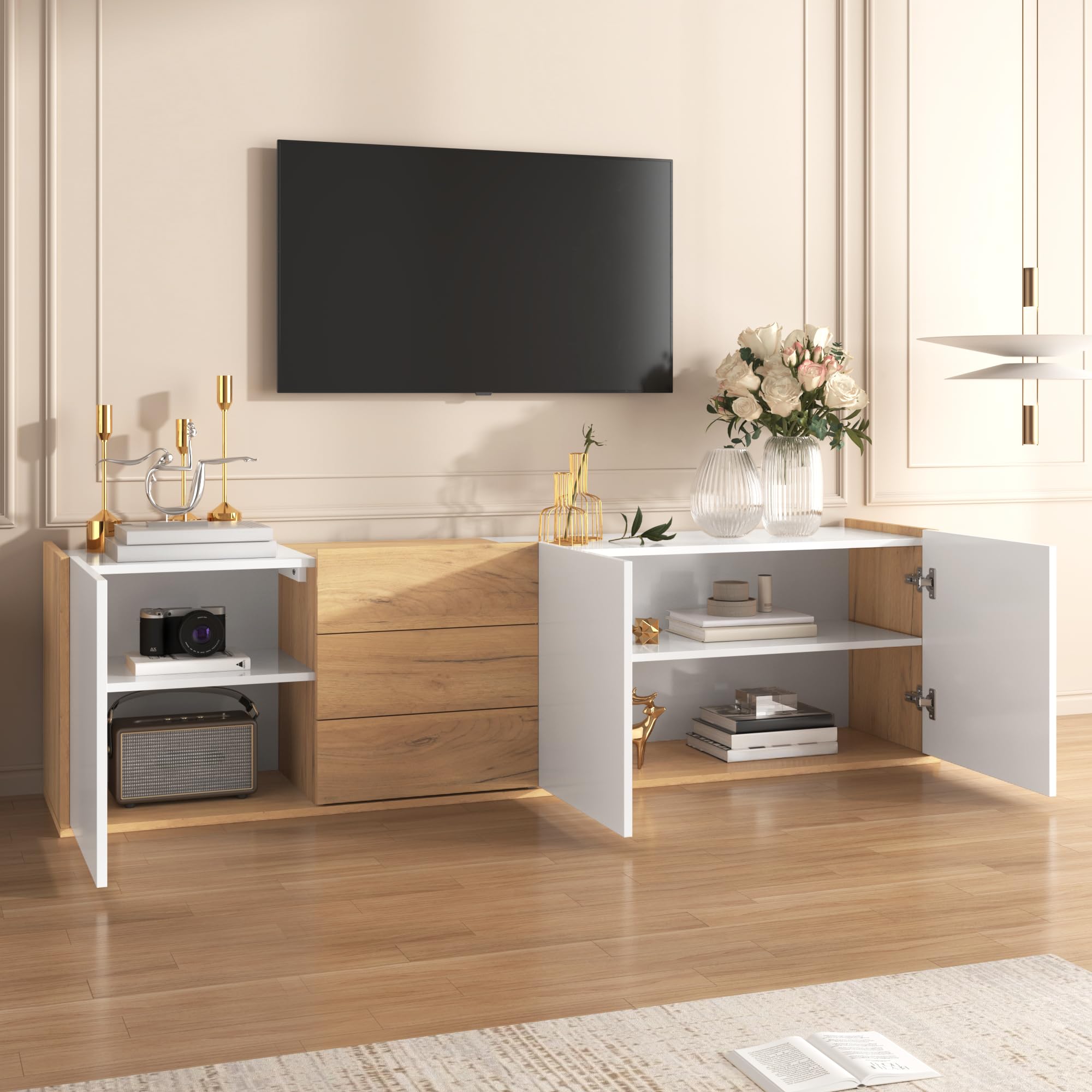 Mobile TV pannello basso in colore bianco e legno, può essere appeso alla parete o posizionato sul pavimento