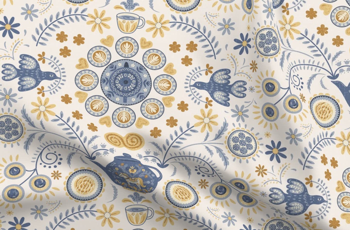 Swedish Tea Poplin, Floral Vignette Fabric on Ivory Background, Monaluna, Vintage 74, Organic Cotton, by the yard or half yard 4 pack 