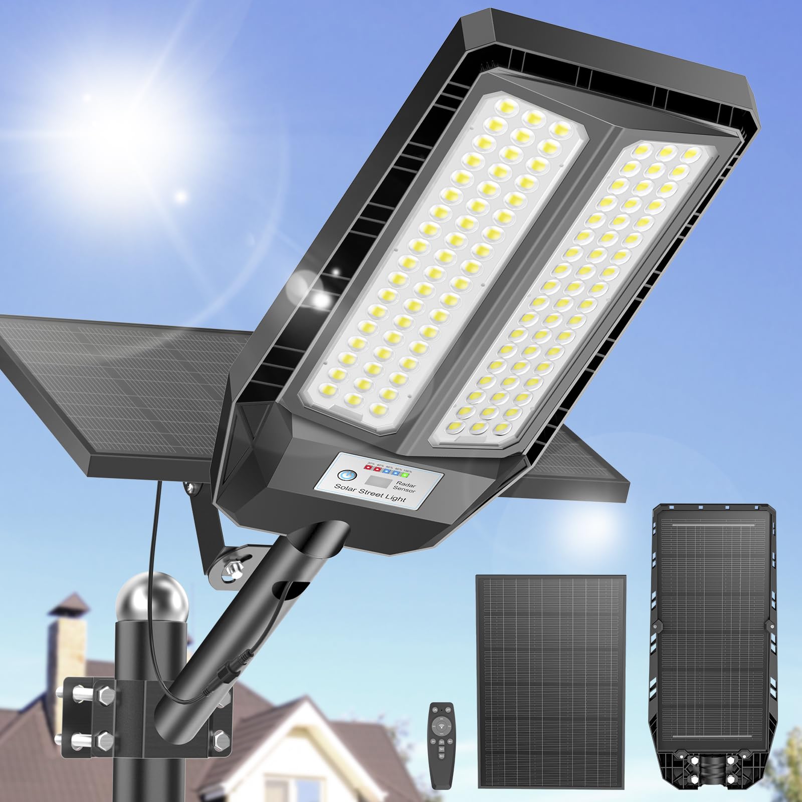 Adewalk 1200W Solar Straßenlaterne mit Fernbedienung, IP66 Wasserdichte Solarlampen für Außen mit Bewegungssensor, 6500K Split Solarleuchten LED Solar Strahler Außen für Gärten Garage Straßen