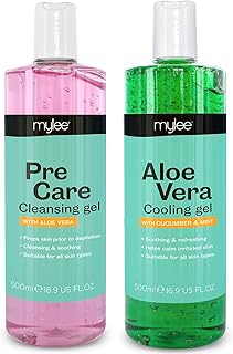 MYLEE Pre & After Care Kit with Aloe Vera Gel (2x500ml) Soothing Cooling Gel Pre After Waxing Set, Skin Cleanser for All Skin Types