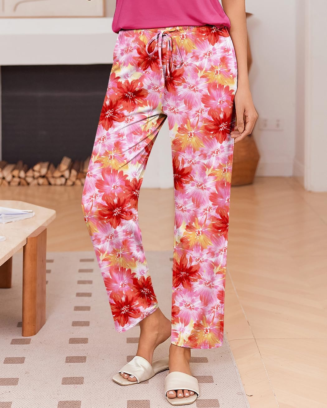 Ekouaer Pajama Sets for Women Round Neck Pjs Short Sleeve Sleepwear with Long Pants Loose Lounge Sets - Image 5