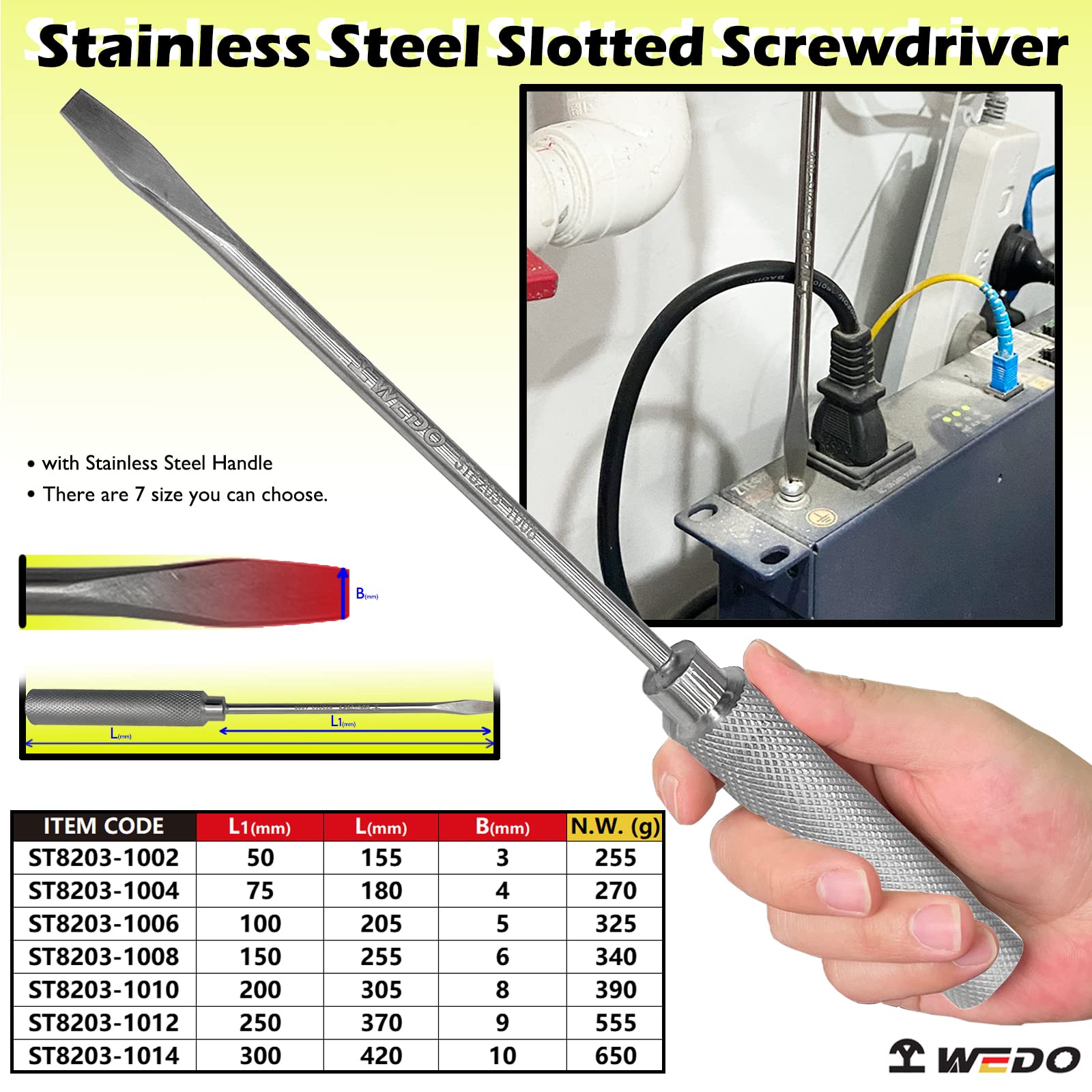WEDO Śrubokręt ze stali nierdzewnej, płaski, odporny na korozję, odporny na rdzę, trwały, przyjazny dla środowiska, 9 * 250 mm, 370 mm, 14,5 cala