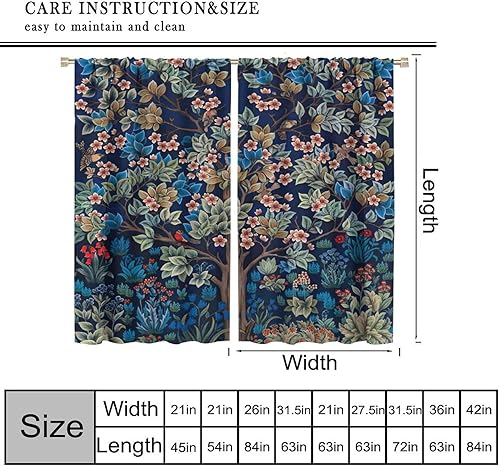 Miniatura 2 de William Morris - Cortinas con estampado de flores de pájaro carpintero retro para mujer, dormitorio, sala de estar, cocina, cortinas con aislamiento