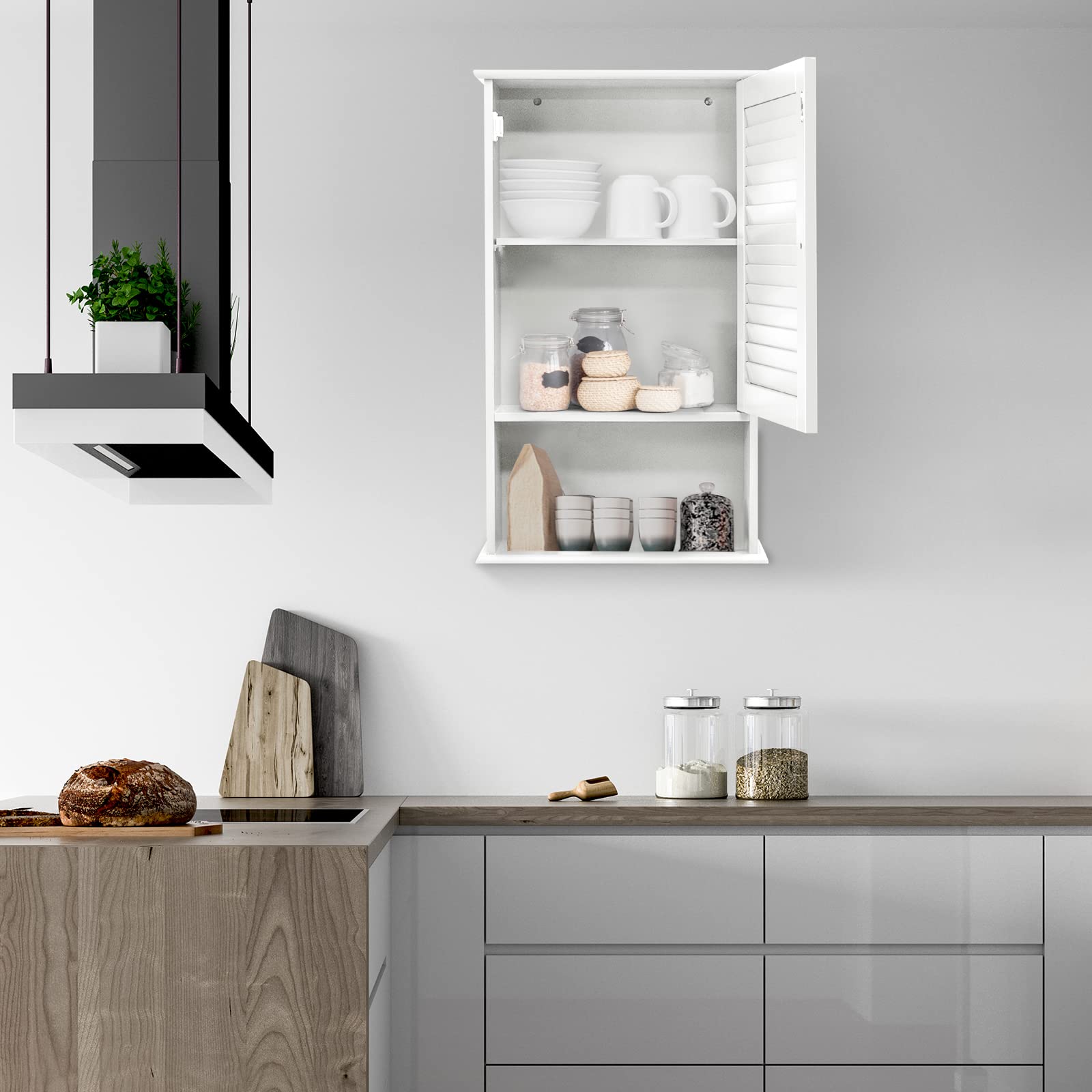 COSTWAY Bathroom Wall Cabinet, Large Capacity Storage Cabinet w/Single Louver Door & Height Adjustable Shelf, Wood Wall Mounted Medicine Cabinet for Bathroom, Living Room, Kitchen (White)