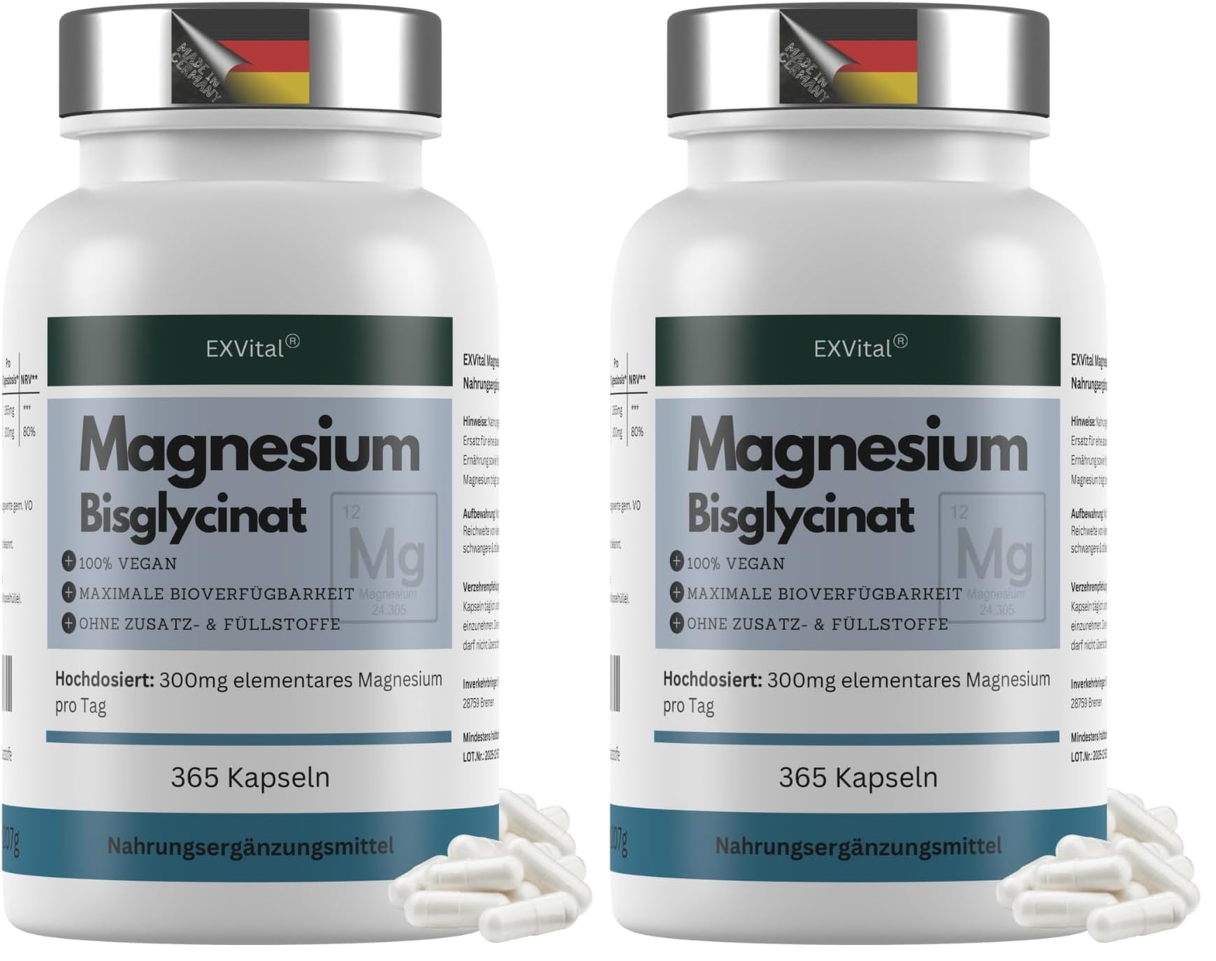 Magnesiumbisglycinat, 365 vegane Kapseln – 300 mg elementares Magnesium pro Tagesdosis, Magnesiumglycinat, hochdosiert & ohne Zusatzstoffe (Packung mit 2)