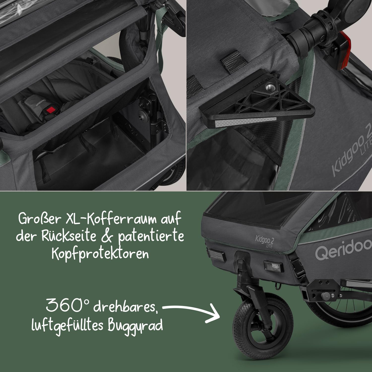 Qeridoo Kidgoo 2 Lite Fahrradanhänger 2 Kinder | Fahrrad Anhänger | Hochwertig & 3-in-1-Verdeck | Fahrradanhänger Kinder mit Buggyfunktion | Perfekter Allrounder | Bike trailer Für 2 Kinder