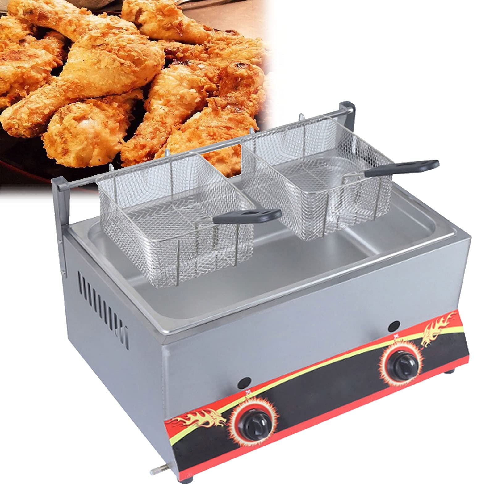 Freidora a Gas Industrial, freidora a Gas, Acero Inoxidable, freidora Doble, Gran Capacidad 22L, con cestas extraíbles, Potencia de Fuego Regulable, fácil de Limpiar