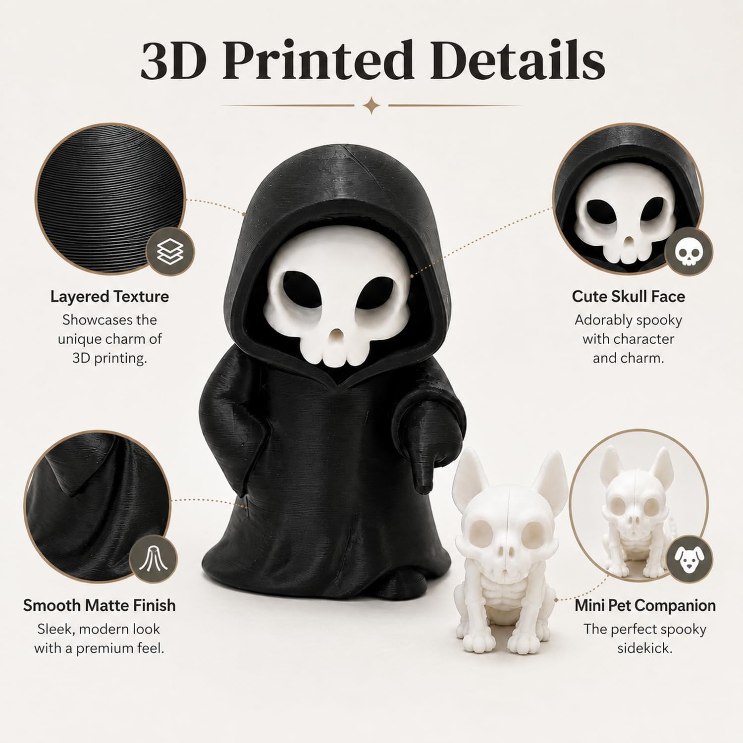 Halloween Grim Figurine with Skeleton Dog Companion, Cute Black Hooded Mini Skeleton Statue Set, Kawaii Spooky Decor, Tabletop Desk Display Ornaments