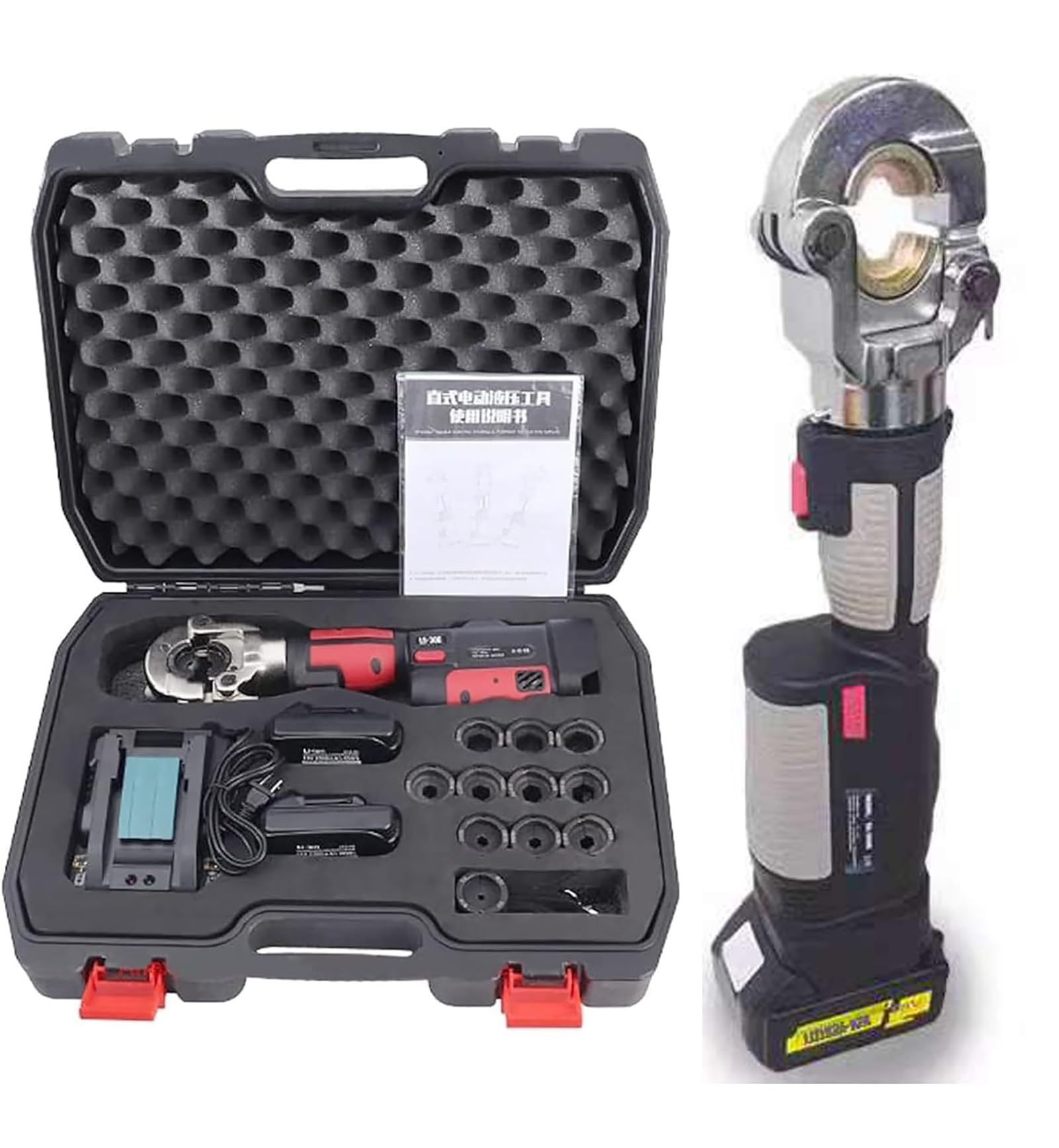 Crimpadora Hidráulica Recargable De 10-300 Mm², Crimpadora Hidráulica Eléctrica con 12 Pares De Troqueles, Cable con Batería para Terminal Cobre Y Aluminio