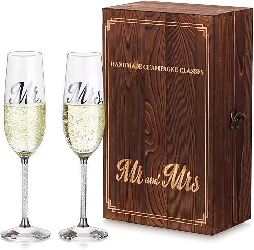 NUPTIO Copas de champán de cristal juego de 2 copas de champán de boda con caja de regalo de madera, flauta de brindis de Mr & Mrs para novia,