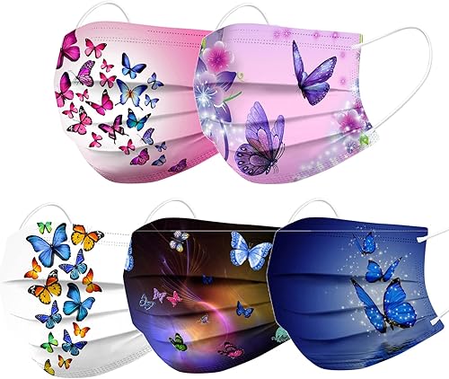 Miniatura 1 de BOFFO 50 bandanas faciales con patrón de mariposa con filtro facial de 3 capas con cinta elástica para las orejas, transpirables con patrón de