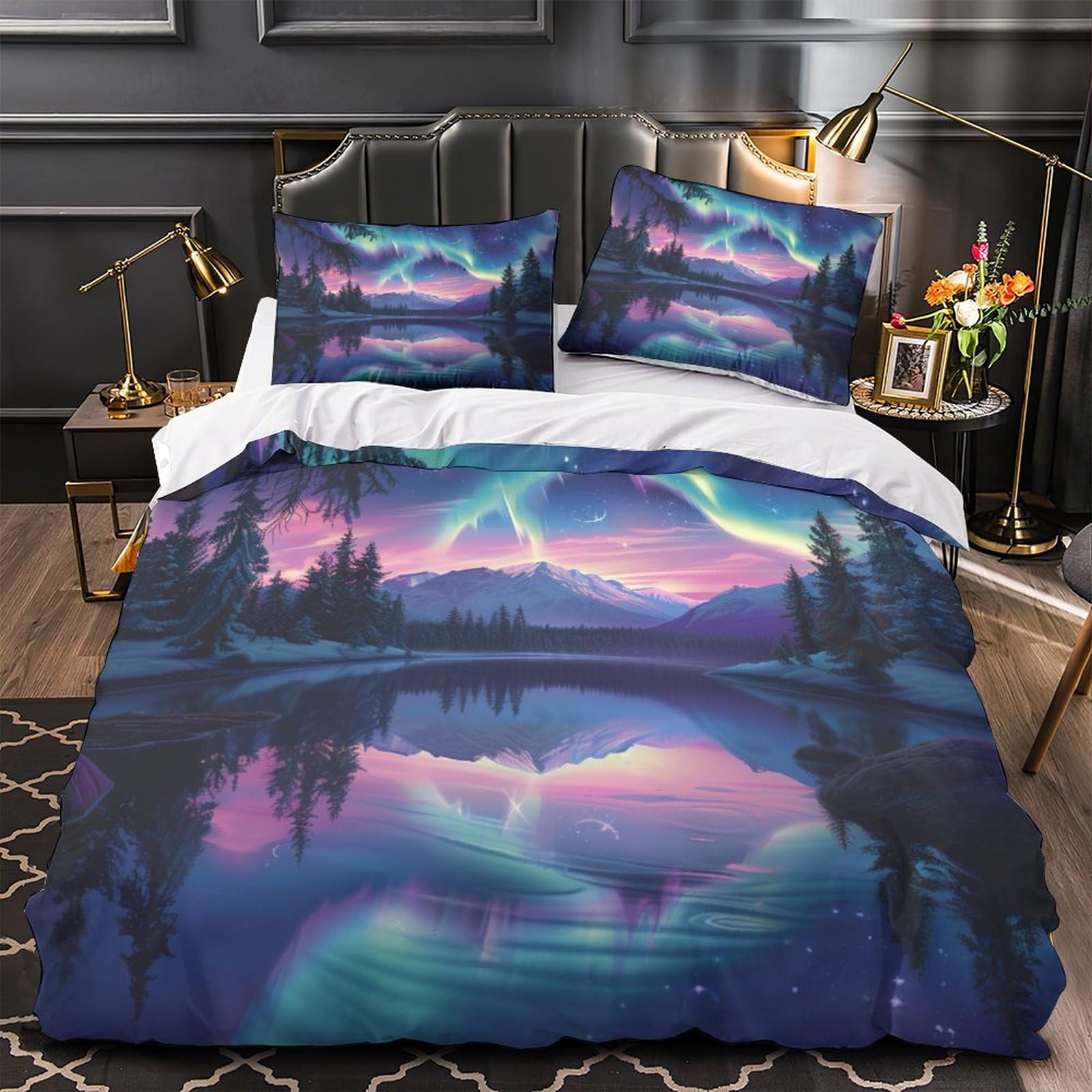 Stampato in 3D Aurora norvegese Copertina Stampata Microfibra Disegnata Biancheria Da Letto Stile Morbido Con 2 Federe,Double（200x200cm）, Per Ragazzi Adulti