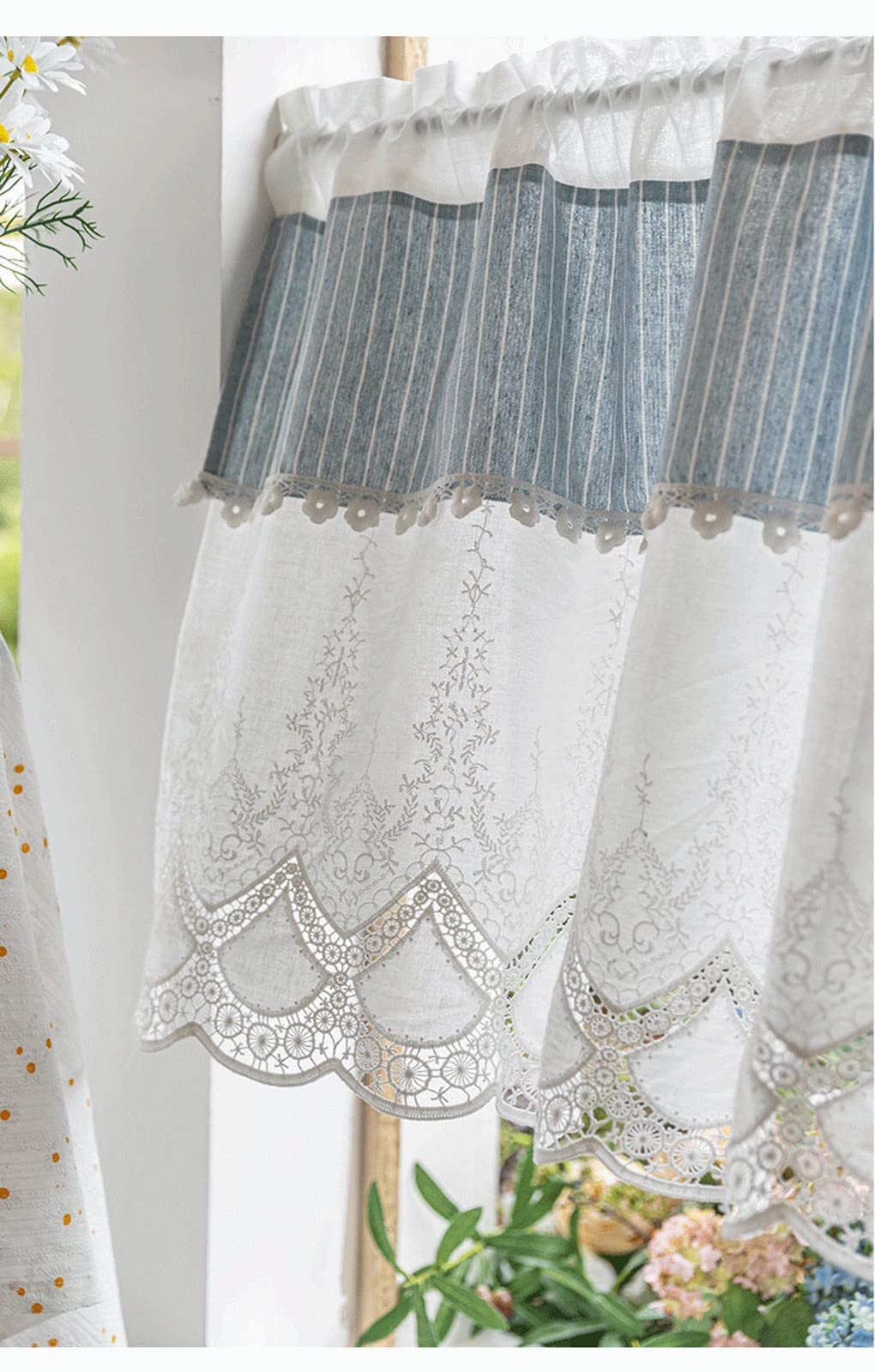 A.Monamour Gardine Scheibengardinen Kurzstores Baumwolle Bauernhaus Mediterraner Stil Blau Gestreifter Stoff Weiße Spitze Stickerei Kurzgardinen Küchengardine Küche Fenster Kurz Vorhang Bistrogardine