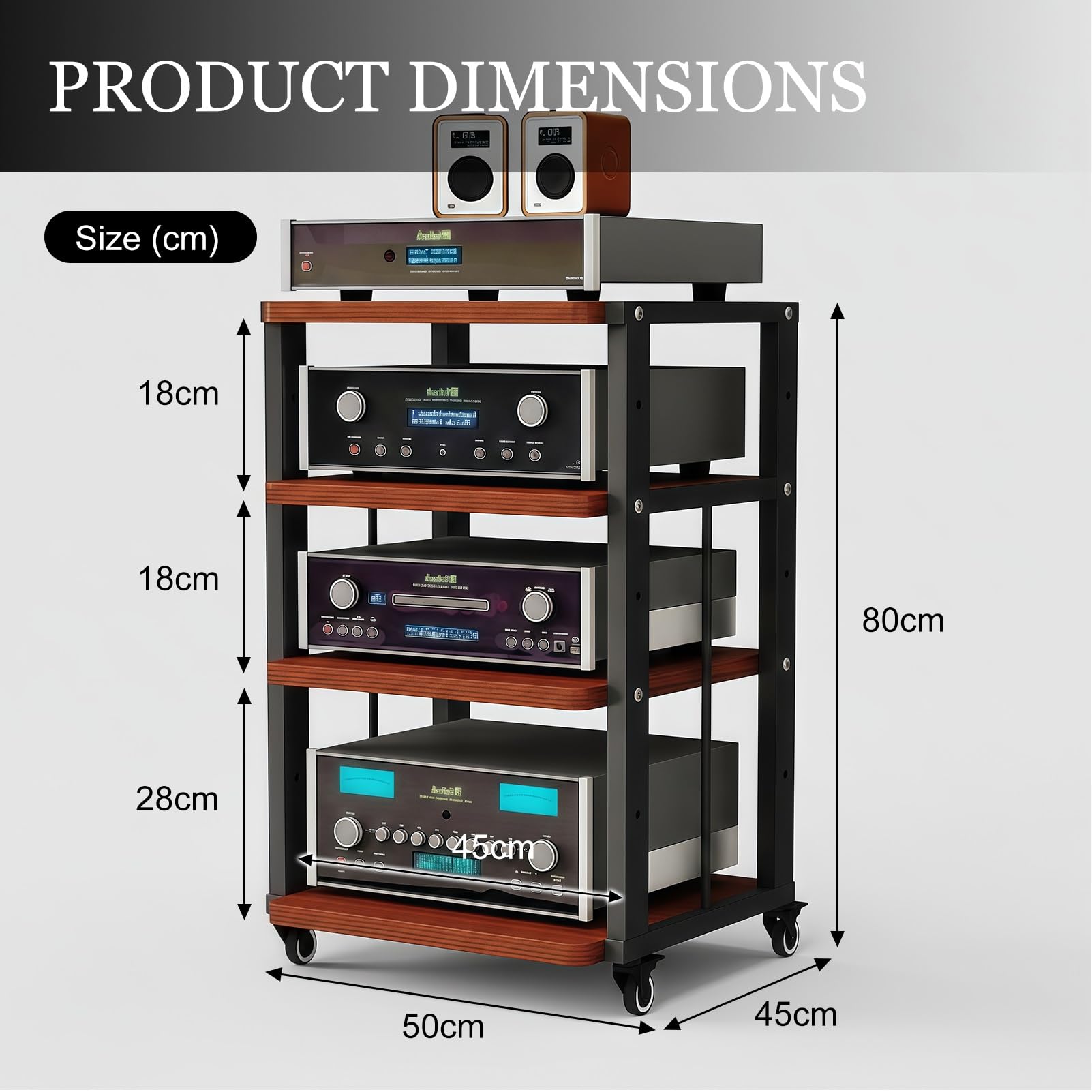 Mobile HiFi 3/4 Livelli con Ruote, Rack Audio in Legno e Metallo, Supporto Multimediale con Ripiani Regolabili, Mobile su Ruote per Plattenspieler, Amplificatore e Stereo, per Soggiorno e Studio