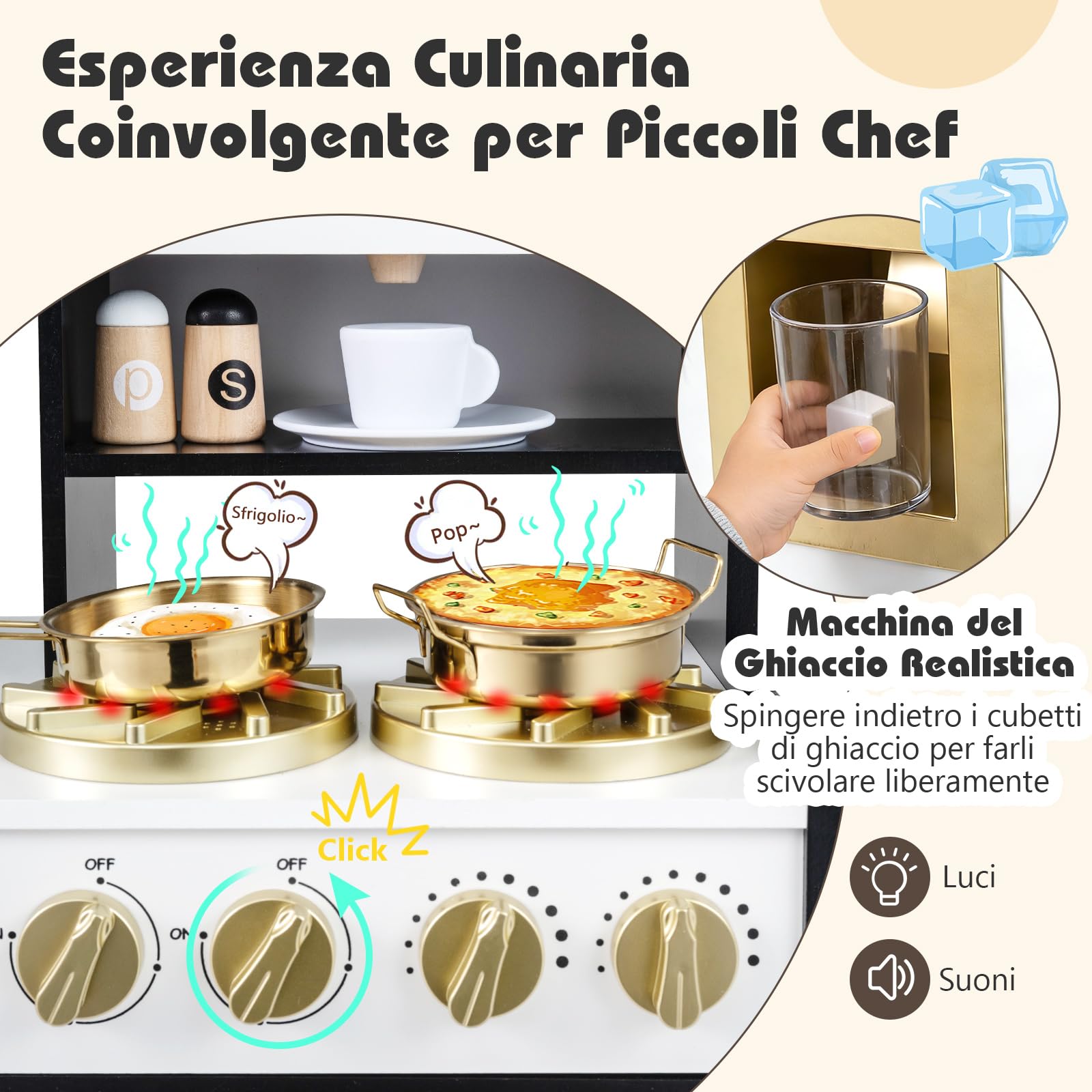 COSTWAY Cucina Giocattolo per Bambini, Set Cucinetta in Legno con Luci e Suoni Realistici, Fornelli, Lavello, Rubinetto, Forno, Microonde, Macchina del Caffè, Gioco di Finzione Chef per Bambini 3+