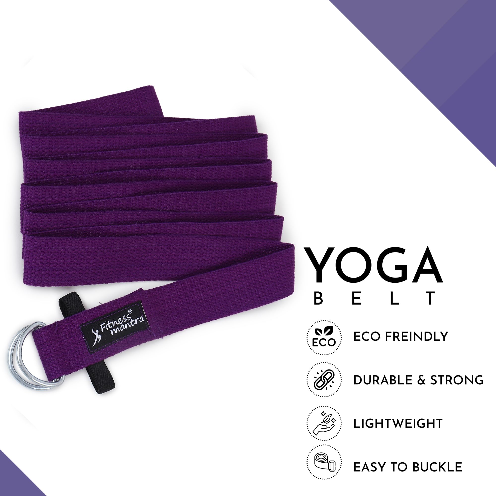 Fitness Mantra® 8.5 Feet Premium Cotton Yoga Belt for Women and Men |Adjustable D-Ring Strap for Stretching, Yoga, Pilates, Physical Therapy & Fitness |Durable & Anti-Slip Quality| Purple| 2