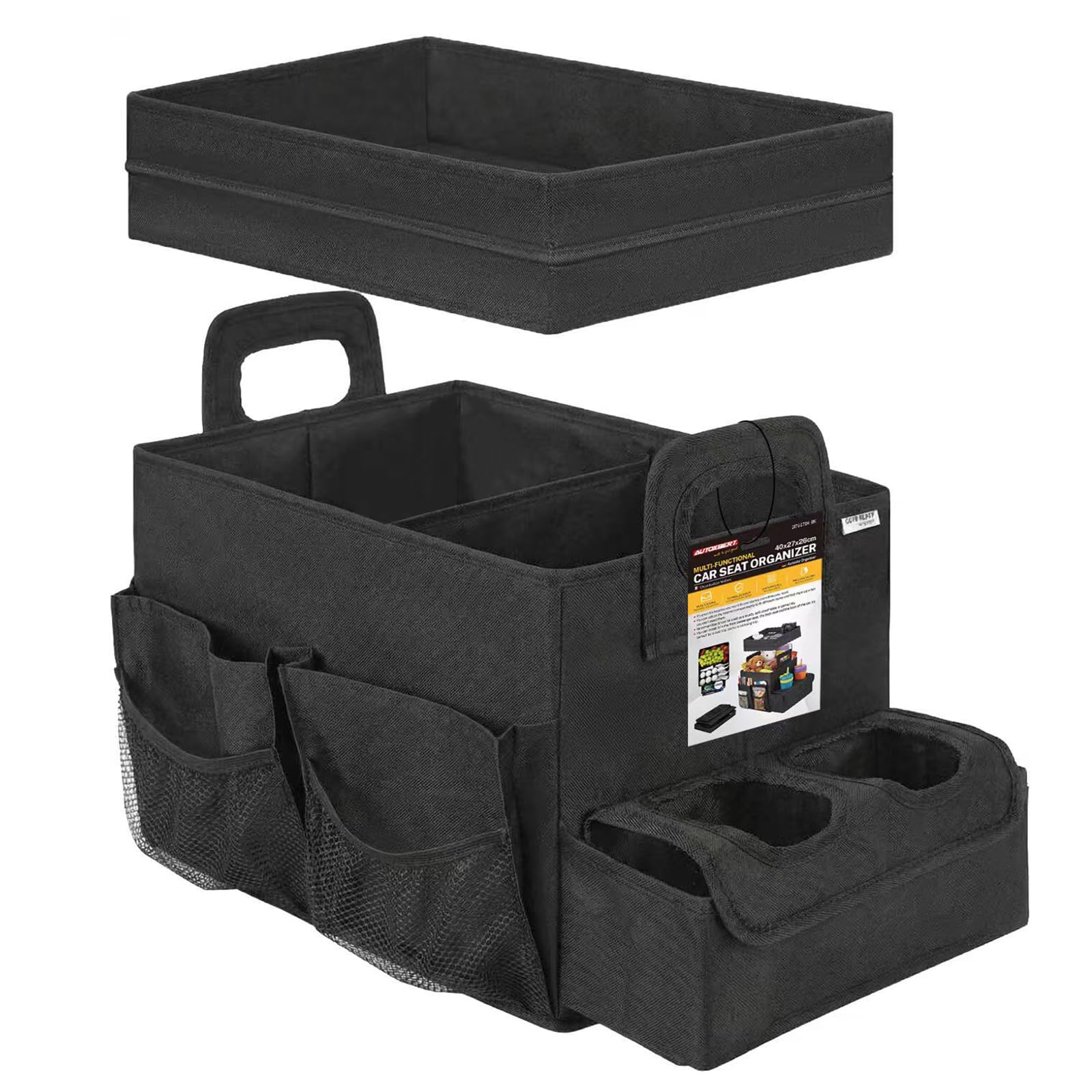Organizer per sedile auto con coperchio e maniglia, portabicchieri, tasche laterali, divisori regolabili, organizer pieghevole per sedile anteriore e posteriore dell'auto
