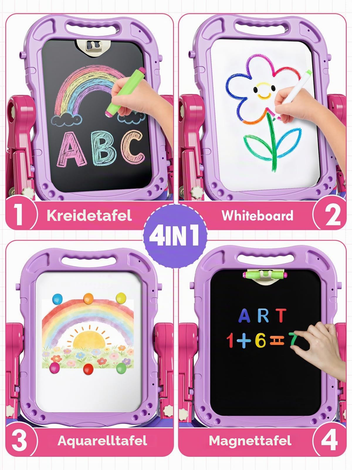 Lehoo Castle Staffelei Kinder, Spielzeug für ab 3 Jahre Mädchen(Lila) | Kindertafel mit Kreidetafel & Whiteboard, Höhenverstellbar, Painting Board Lernspielzeug für 2 3 4 5 6 Jahre Baby Kinder