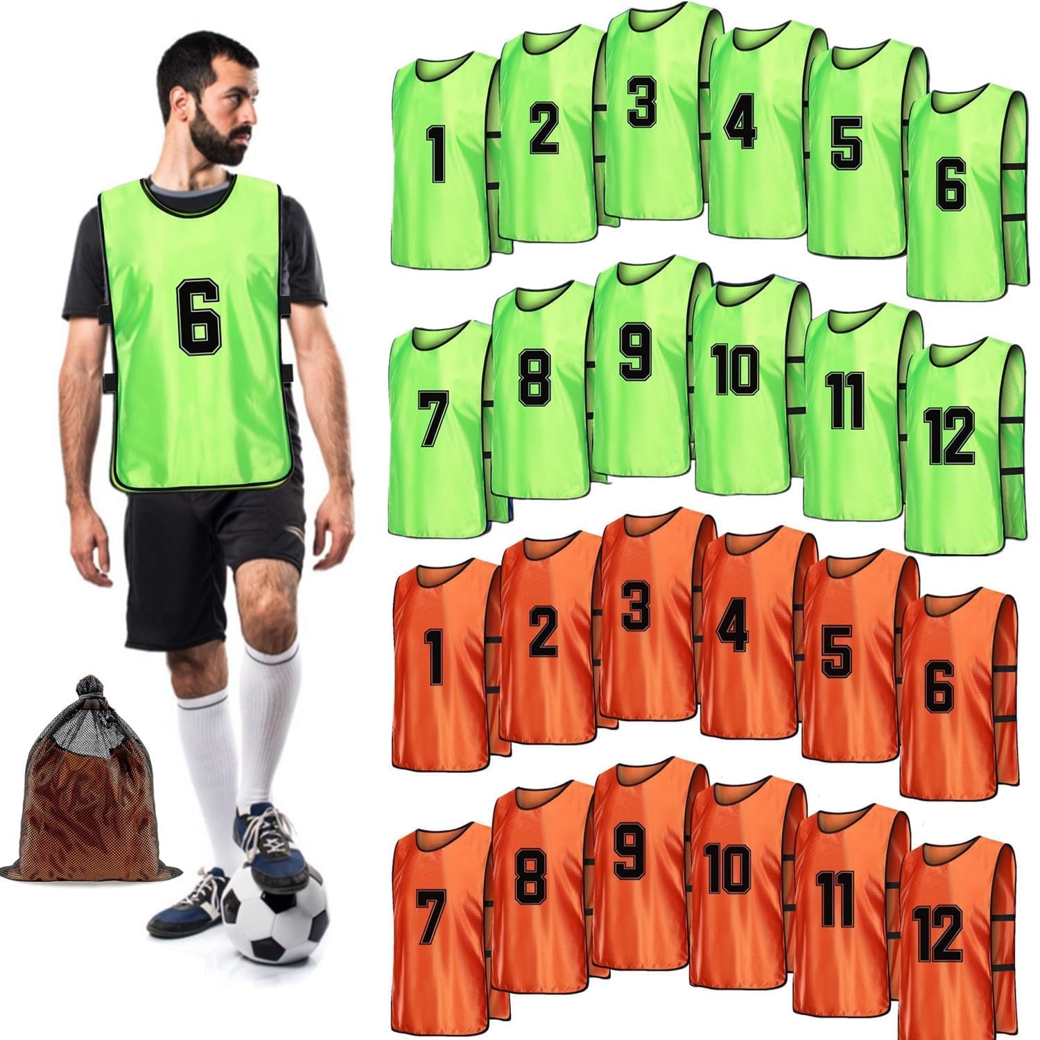 Pack de 24 camisetas de fútbol para adultos y adolescentes, chaleco de entrenamiento deportivo de malla con números para fútbol, baloncesto, voleibol, naranja y verde, Naranja y verde